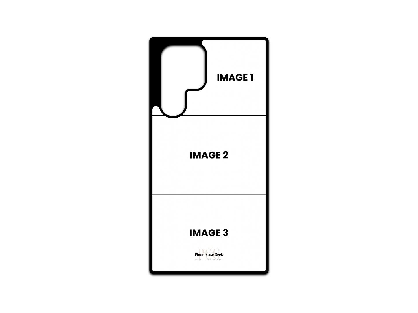Template for a 3 Photo Collage custom phone case for Samsung Galaxy S24 Ultra, S23 Ultra and S22 Ultra with empty spaces for photo uploads in a grid layout.
