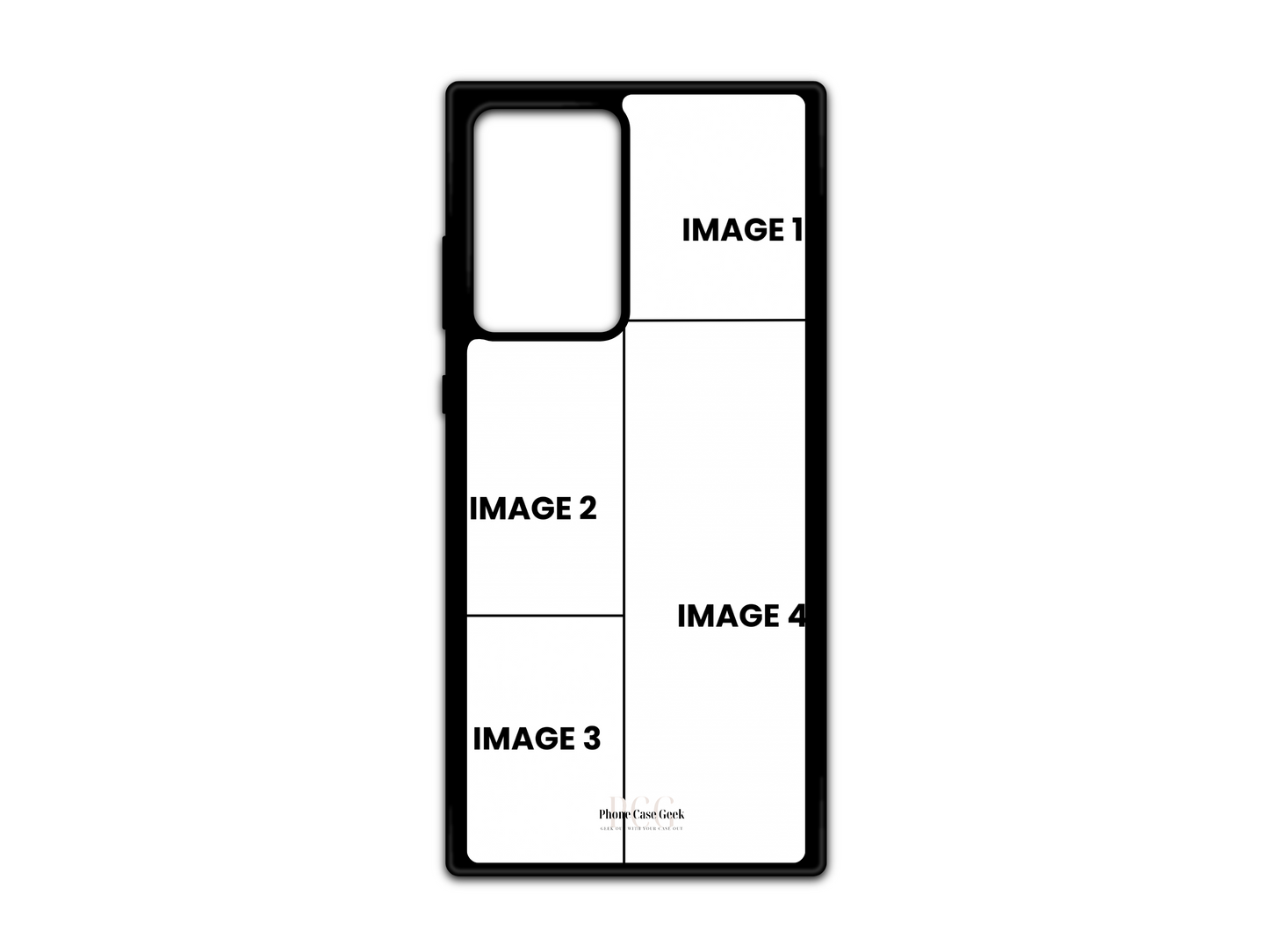 Template for 4 Photo Collage Custom Phone Case for Samsung Galaxy S21 Ultra, Note20, and Note20 Ultra with placeholders for four photos.