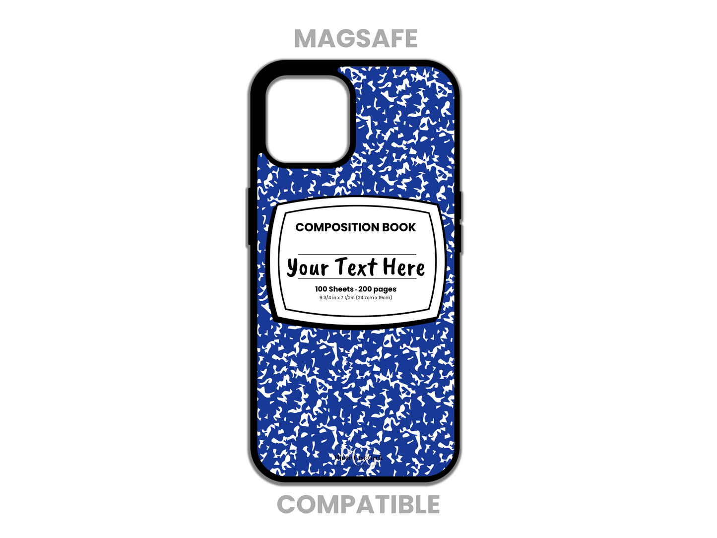 MagSafe phone case for iPhone featuring a blue and white composition notebook design with customizable text across the front.
