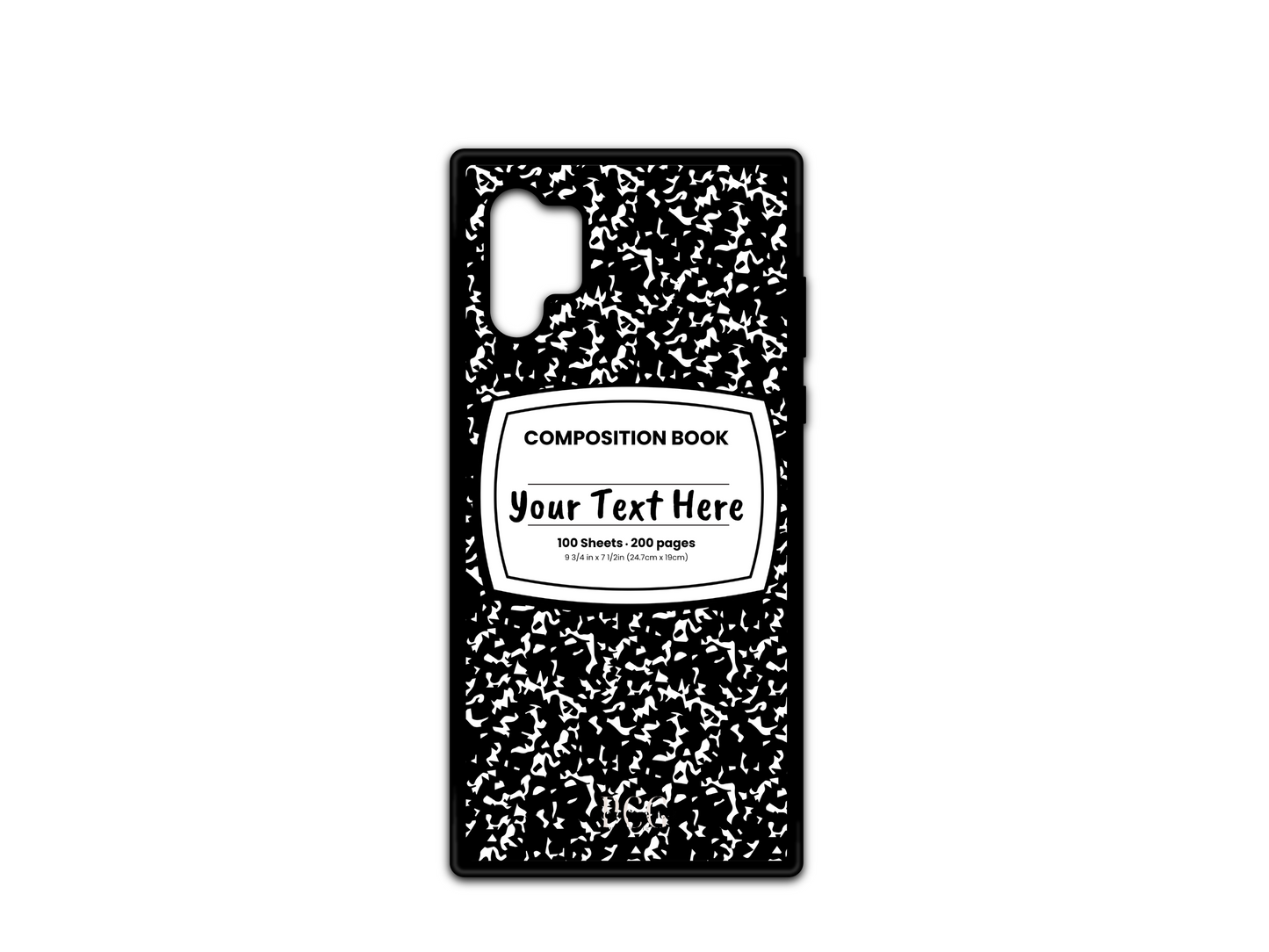 Phone case for Samsung Galaxy Note 10, featuring a black and white composition notebook design with a custom text placeholder in the middle.