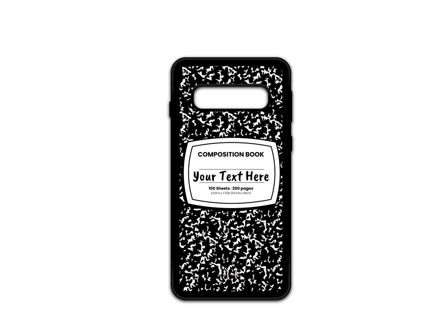 Phone case for Samsung Galaxy S10, S10 5G and S10e, featuring a black and white composition notebook design with a custom text placeholder in the middle.
