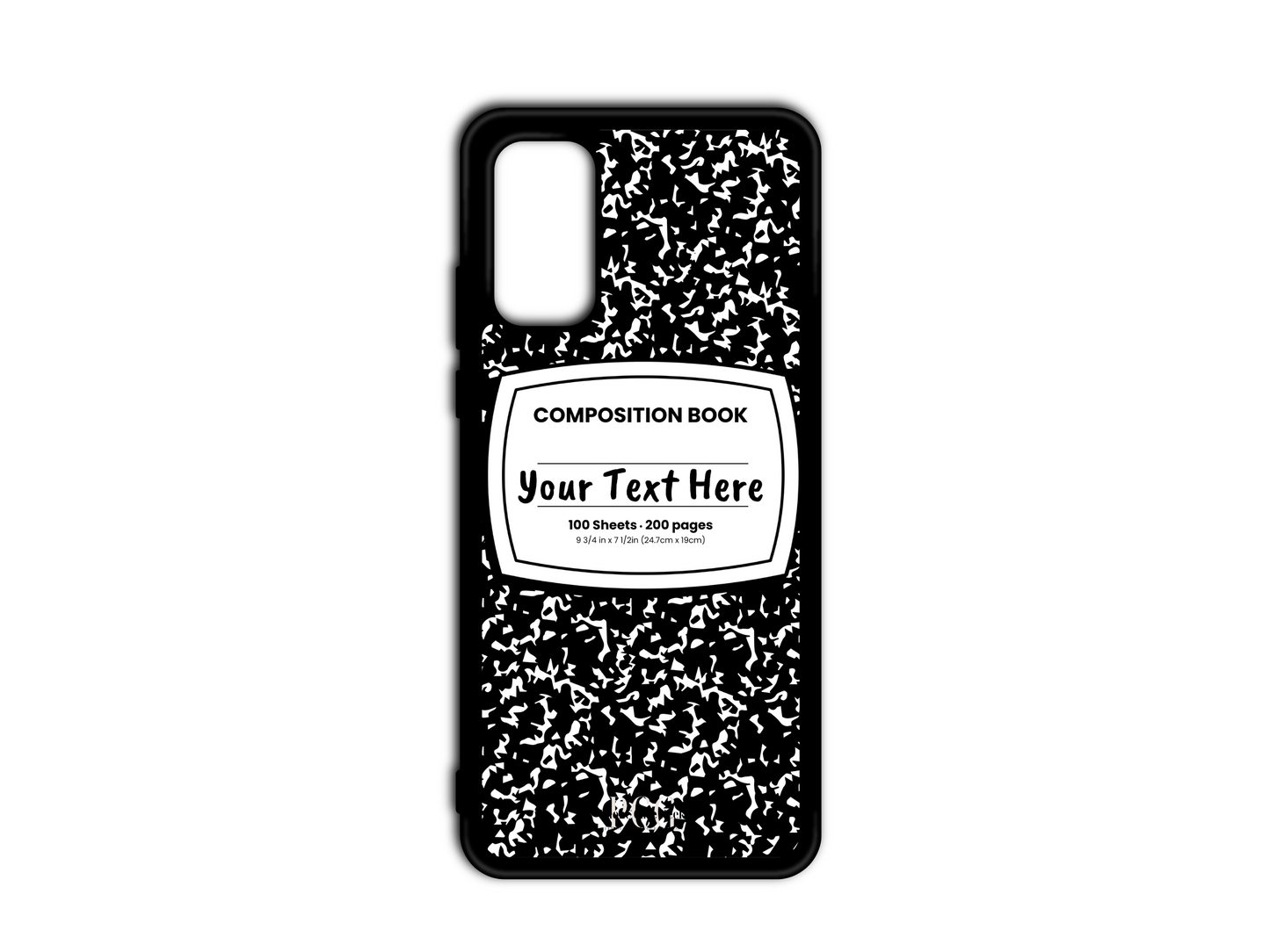 Phone case for Samsung Galaxy S20 and S20 Plus, S20 Ultra, and S20 FE, featuring a black and white composition notebook design with a custom text placeholder in the middle.