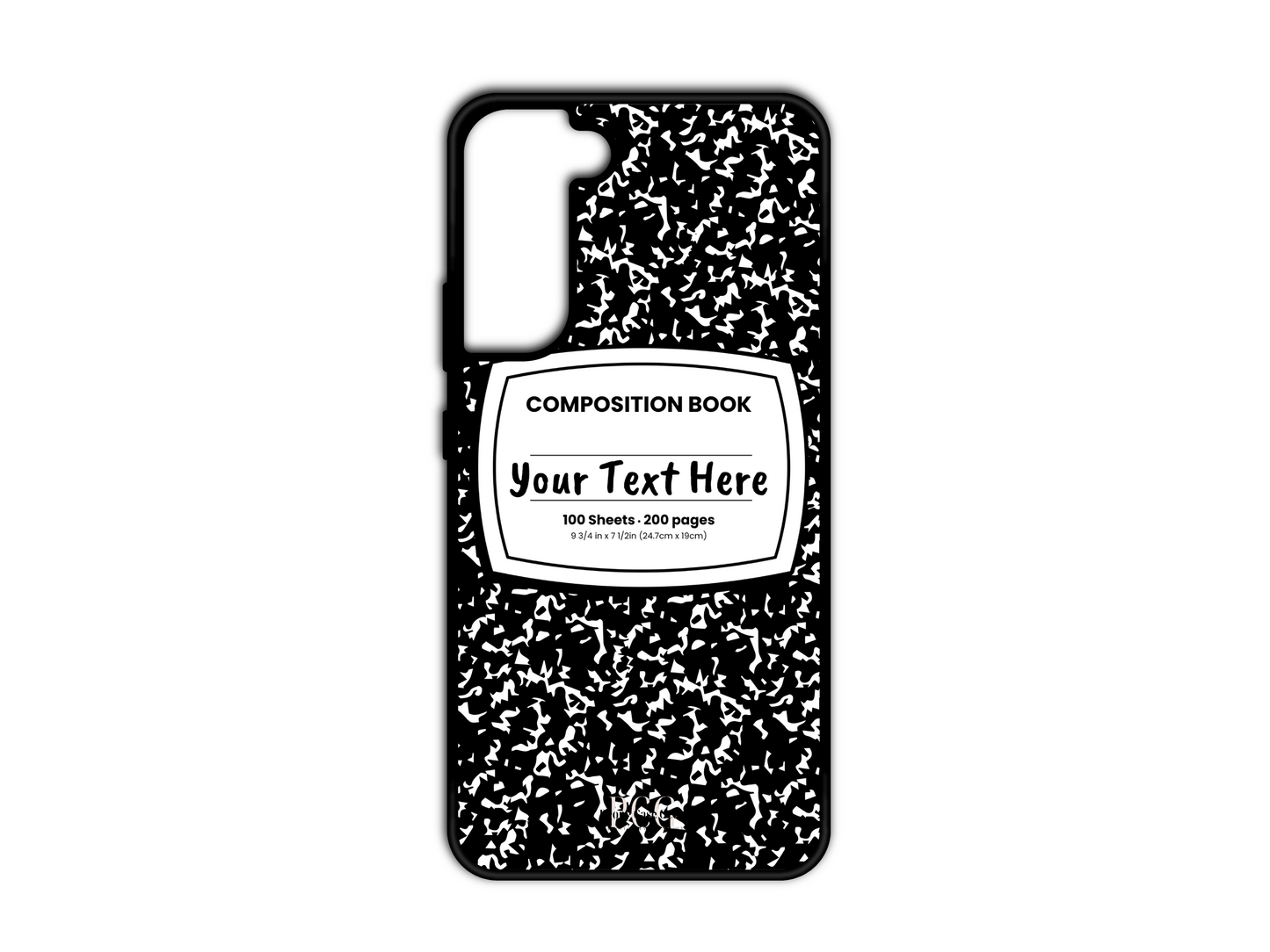 Phone case for Samsung Galaxy S21 and S21 Plus, featuring a black and white composition notebook design with a custom text placeholder in the middle.