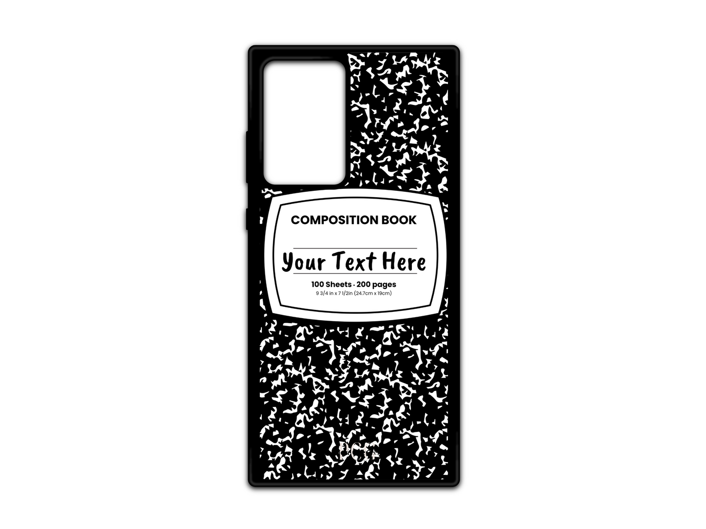 Phone case for Samsung Galaxy S21 Ultra, Note 20, and Note 20 Ultra, featuring a black and white composition notebook design with a custom text placeholder in the middle.