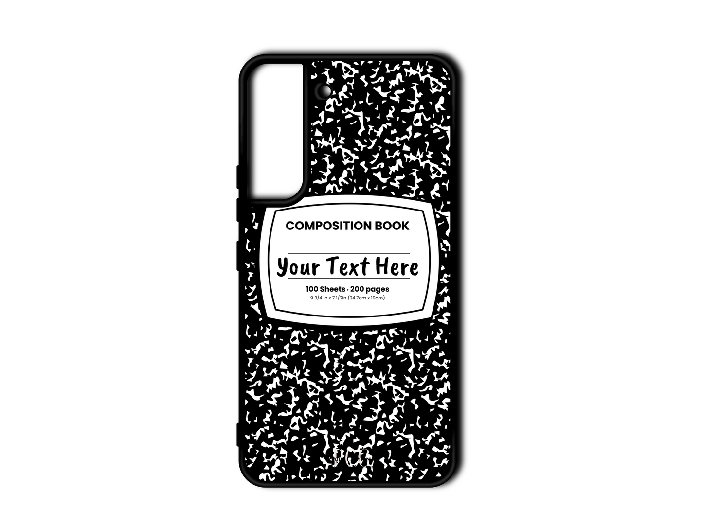 Phone case for Samsung Galaxy S22 and S22 Plus, featuring a black and white composition notebook design with a custom text placeholder in the middle.