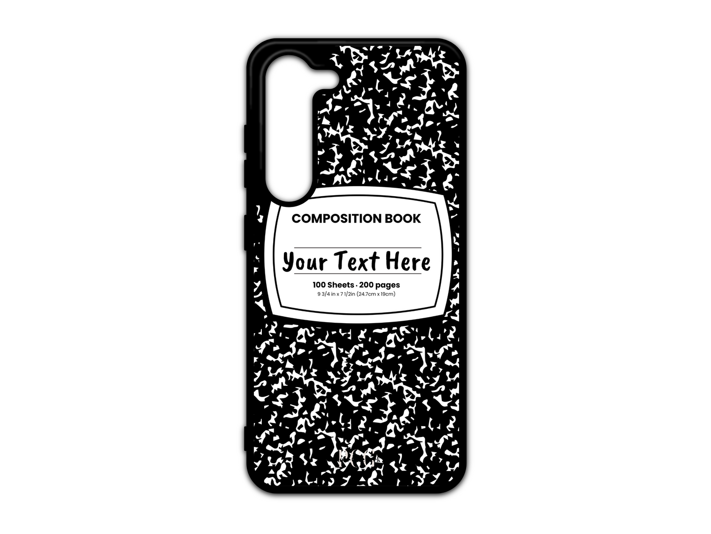 Phone case for Samsung Galaxy S23 and S23 Plus, featuring a black and white composition notebook design with a custom text placeholder in the middle.