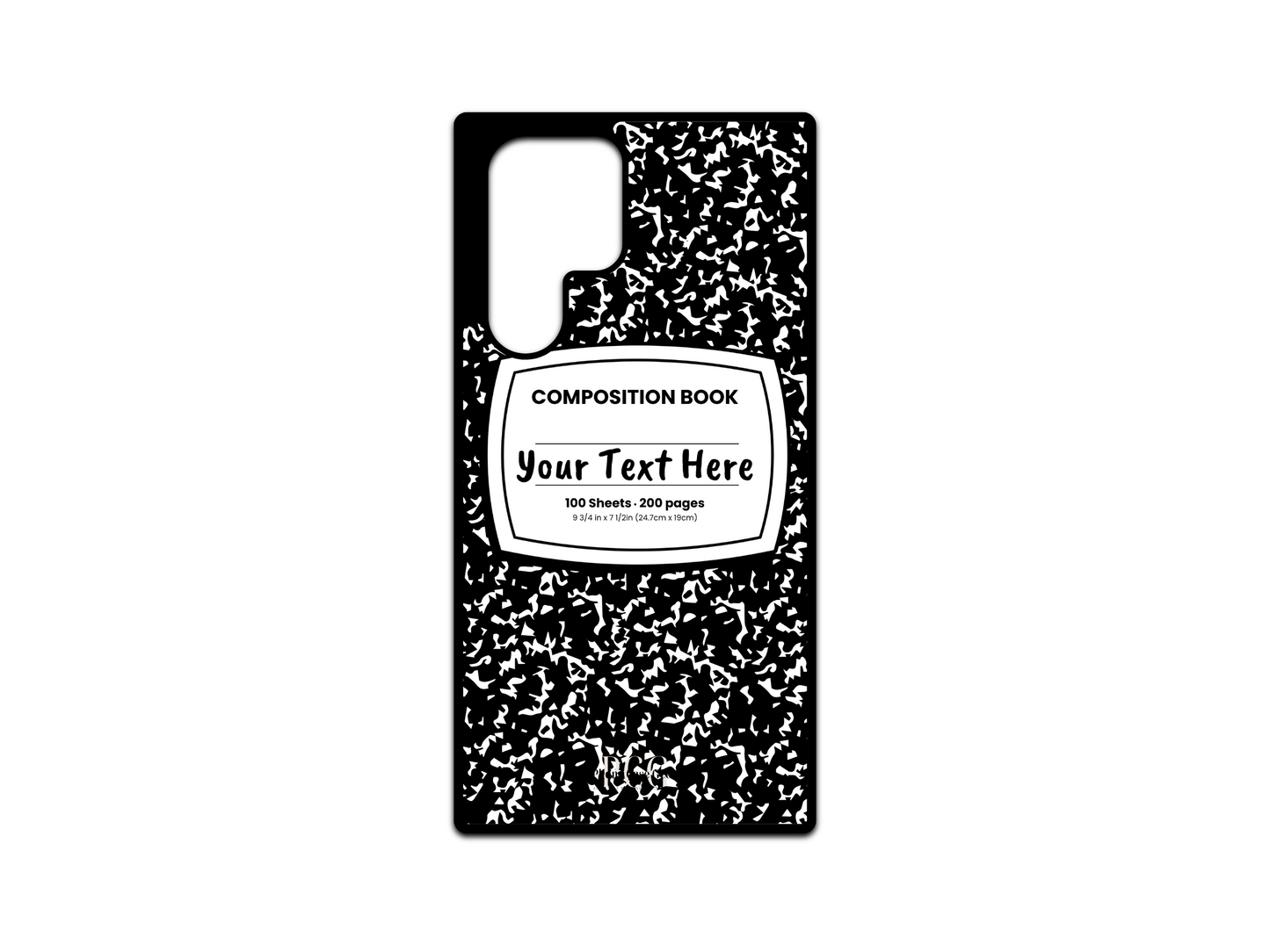 Phone case for Samsung Galaxy S24 Ultra, S23 Ultra, and S22 Ultra, featuring a black and white composition notebook design with a custom text placeholder in the middle.