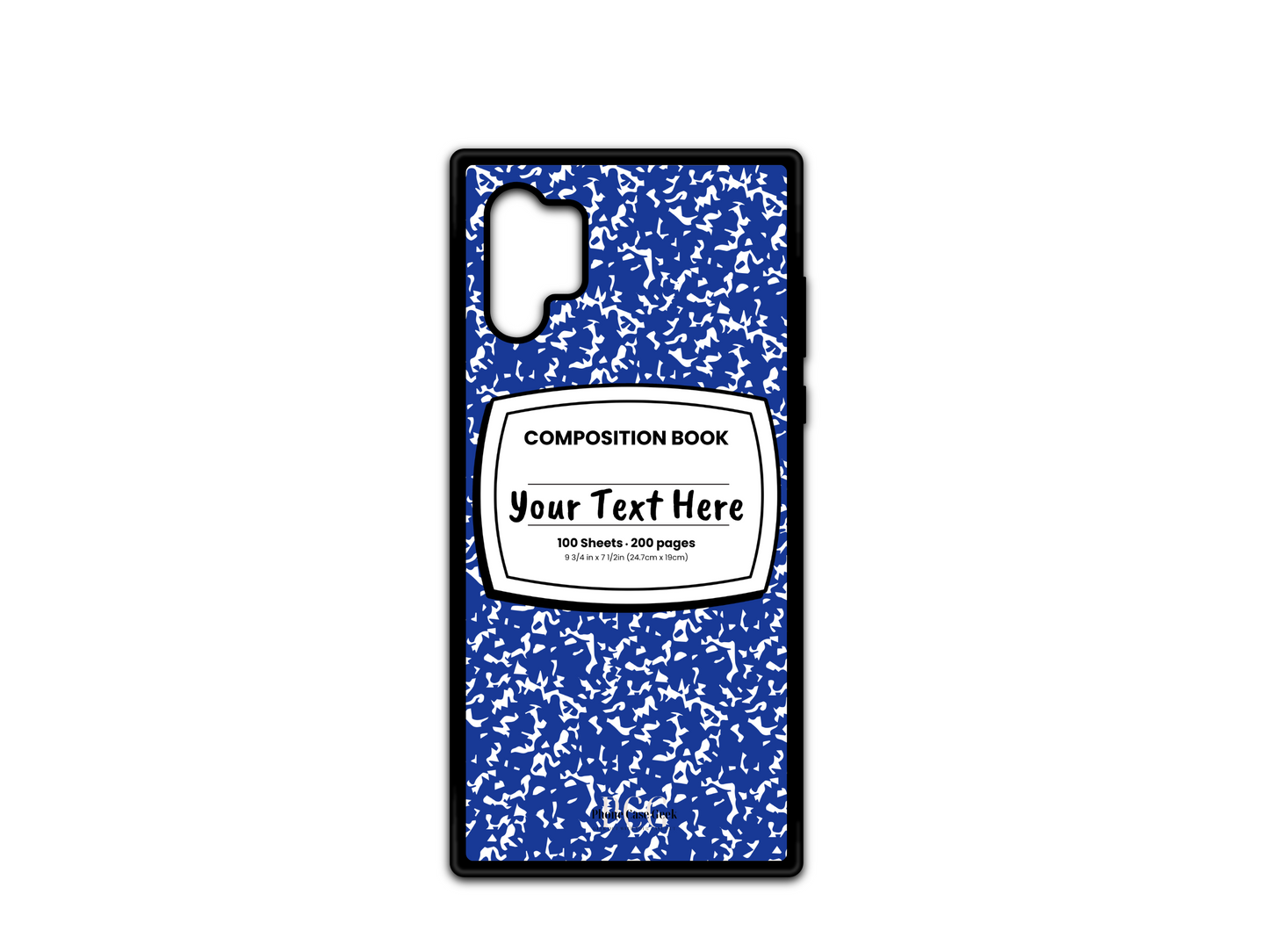 Phone case for Samsung Galaxy Note 10, featuring a blue and white composition notebook design with a custom text placeholder in the middle.