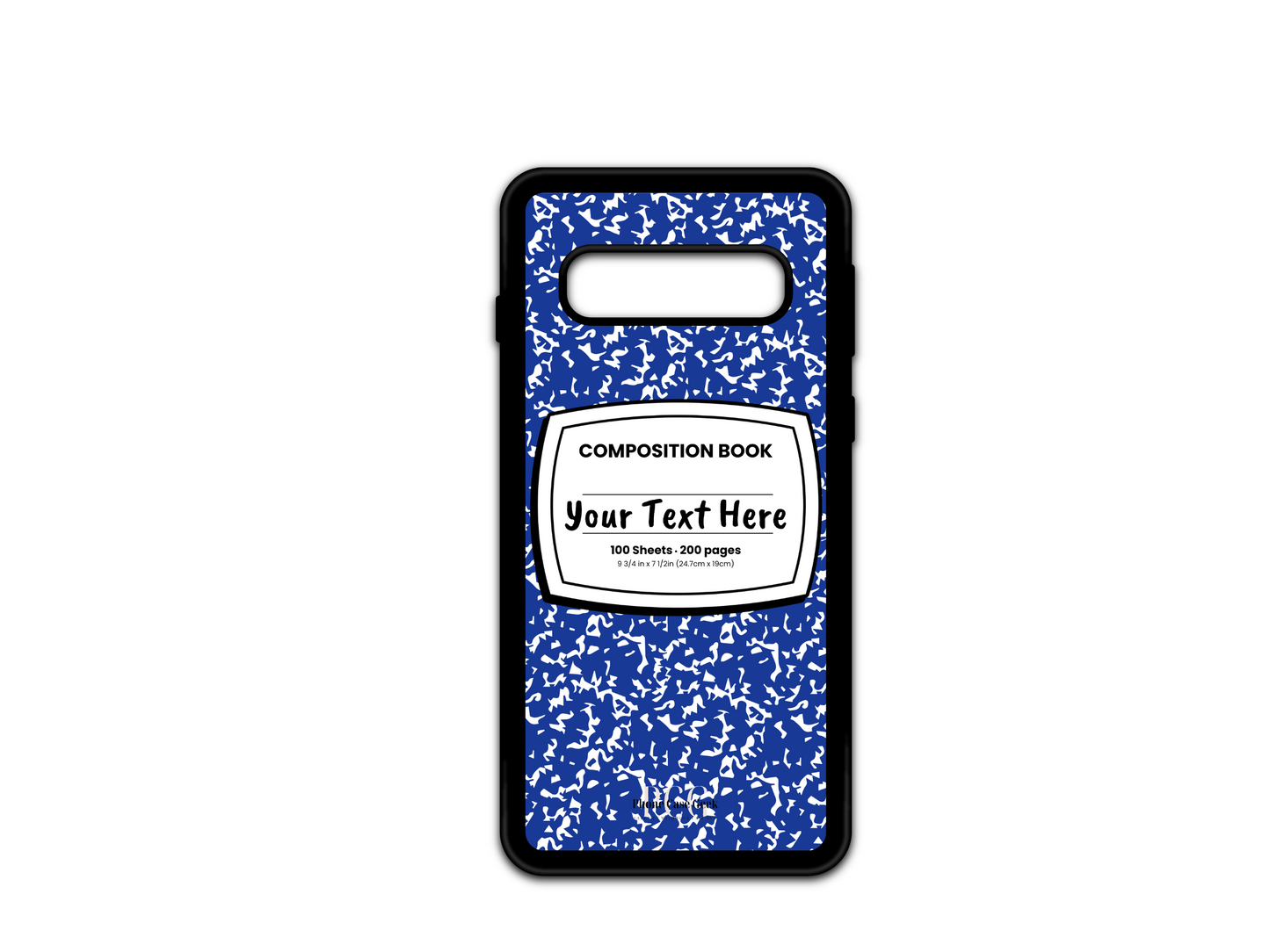 Phone case for Samsung Galaxy S10, S10 5G and S10e, featuring a blue and white composition notebook design with a custom text placeholder in the middle.