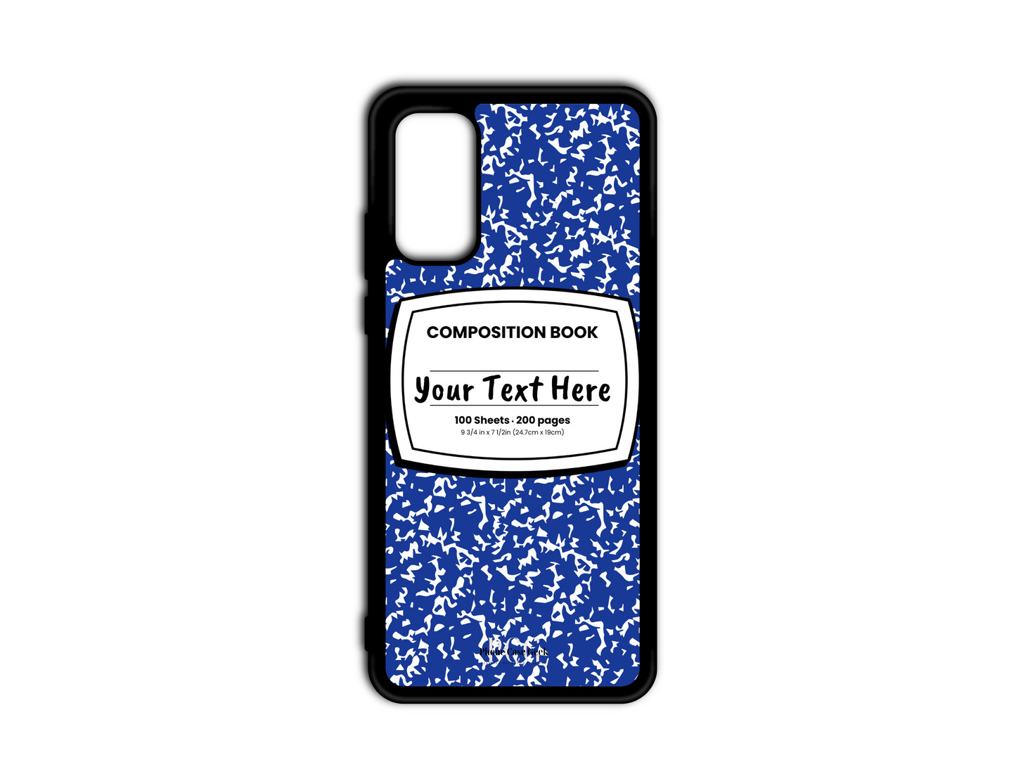 Phone case for Samsung Galaxy S20 and S20 Plus, S20 Ultra, and S20 FE, featuring a blue and white composition notebook design with a custom text placeholder in the middle.