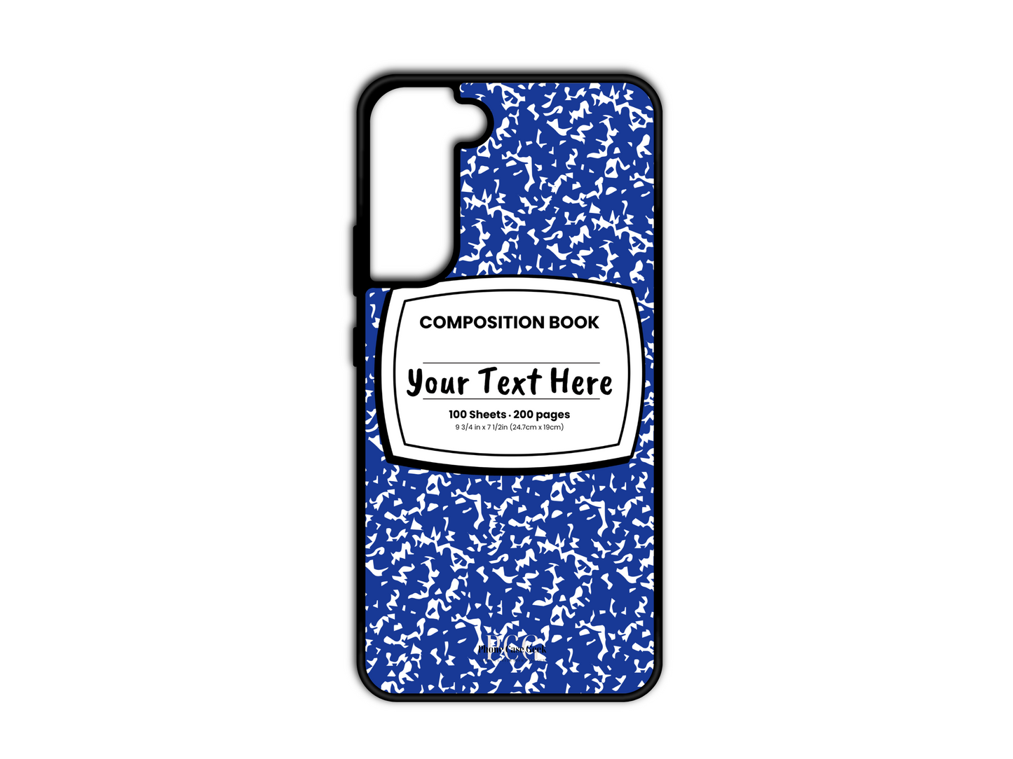 Phone case for Samsung Galaxy S21 and S21 Plus, featuring a blue and white composition notebook design with a custom text placeholder in the middle.