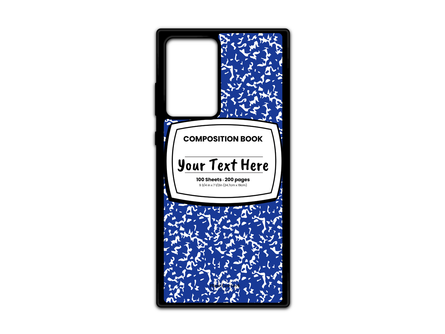 Phone case for Samsung Galaxy S21 Ultra, Note 20, and Note 20 Ultra, featuring a blue and white composition notebook design with a custom text placeholder in the middle.