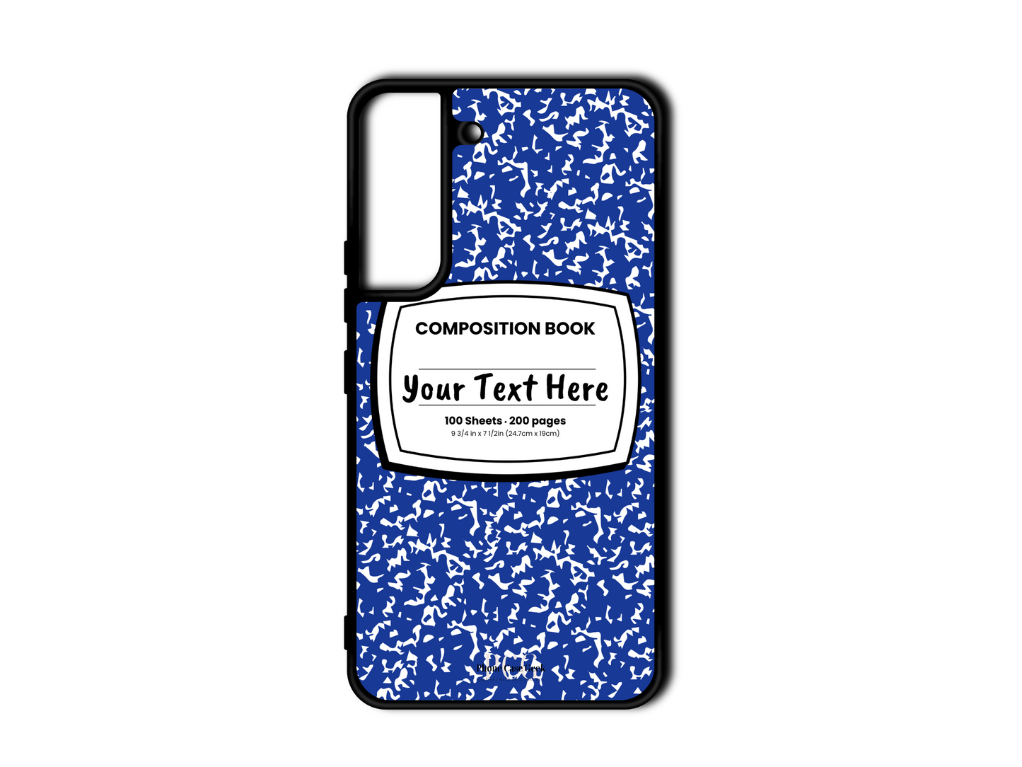 Phone case for Samsung Galaxy S22 and S22 Plus, featuring a blue and white composition notebook design with a custom text placeholder in the middle.