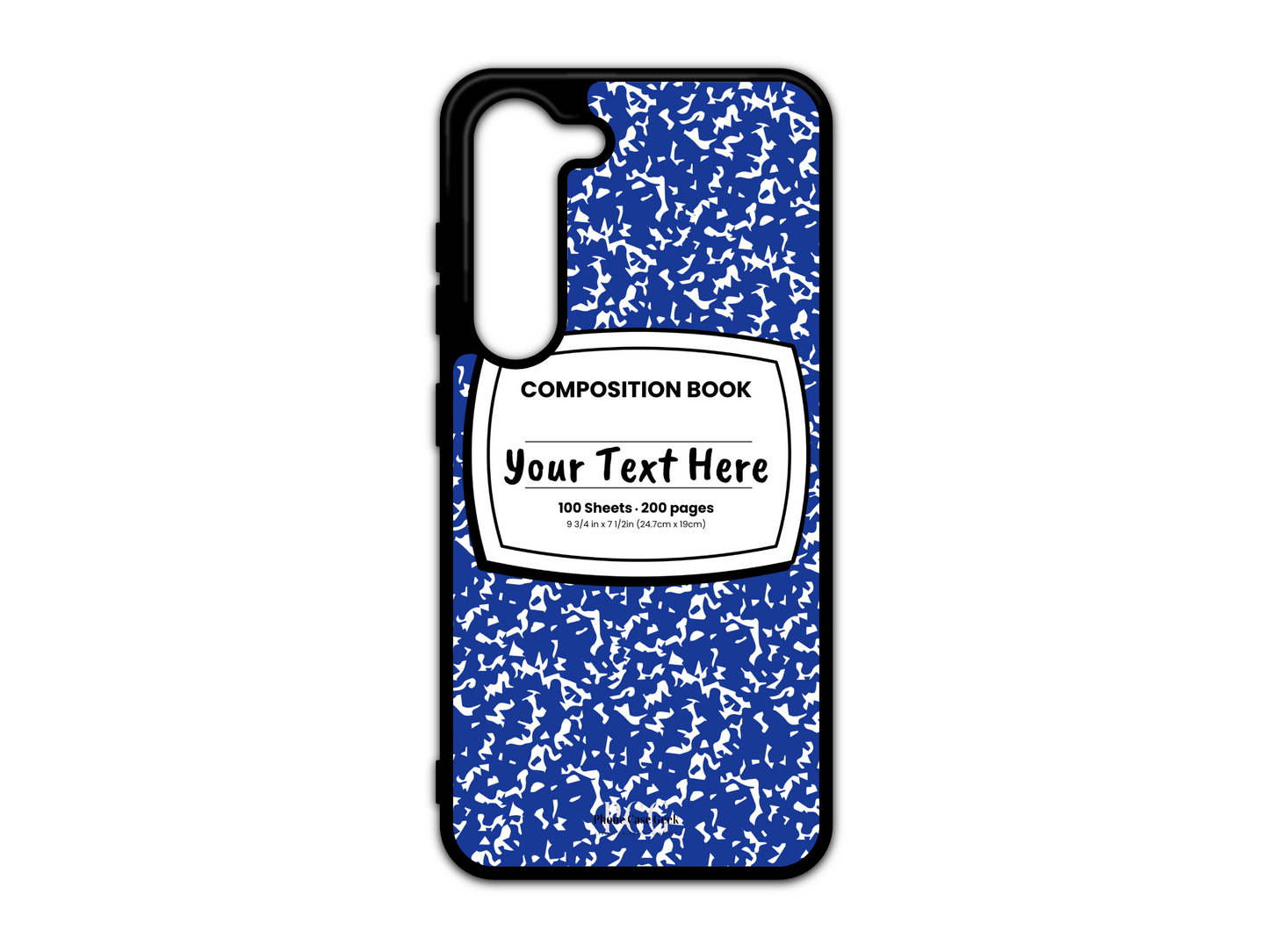Phone case for Samsung Galaxy S23 and S23 Plus, featuring a blue and white composition notebook design with a custom text placeholder in the middle.