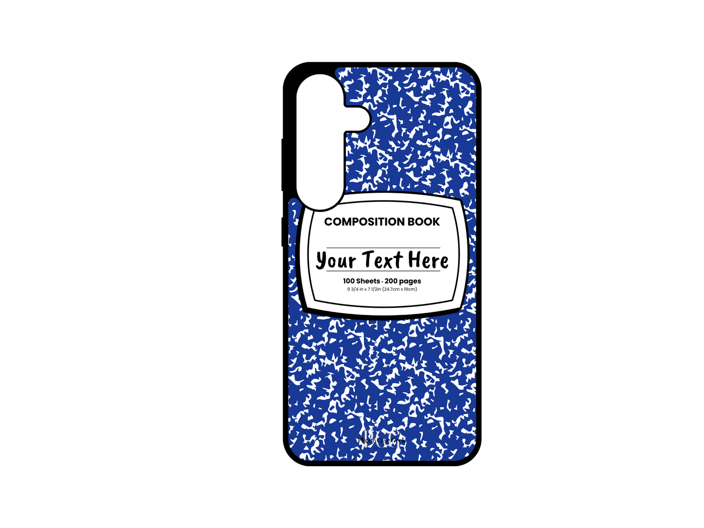 Phone case for Samsung Galaxy S24 and S24 Plus, featuring a blue and white composition notebook design with a custom text placeholder in the middle.