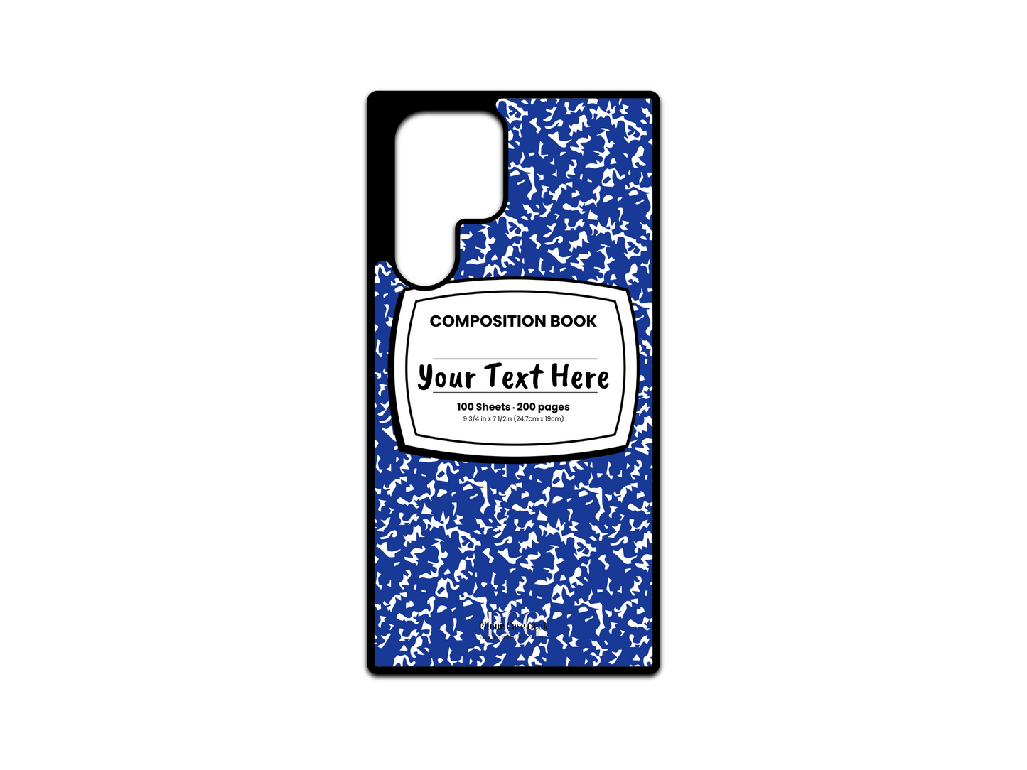 Phone case for Samsung Galaxy S24 Ultra, S23 Ultra, and S22 Ultra, featuring a blue and white composition notebook design with a custom text placeholder in the middle.