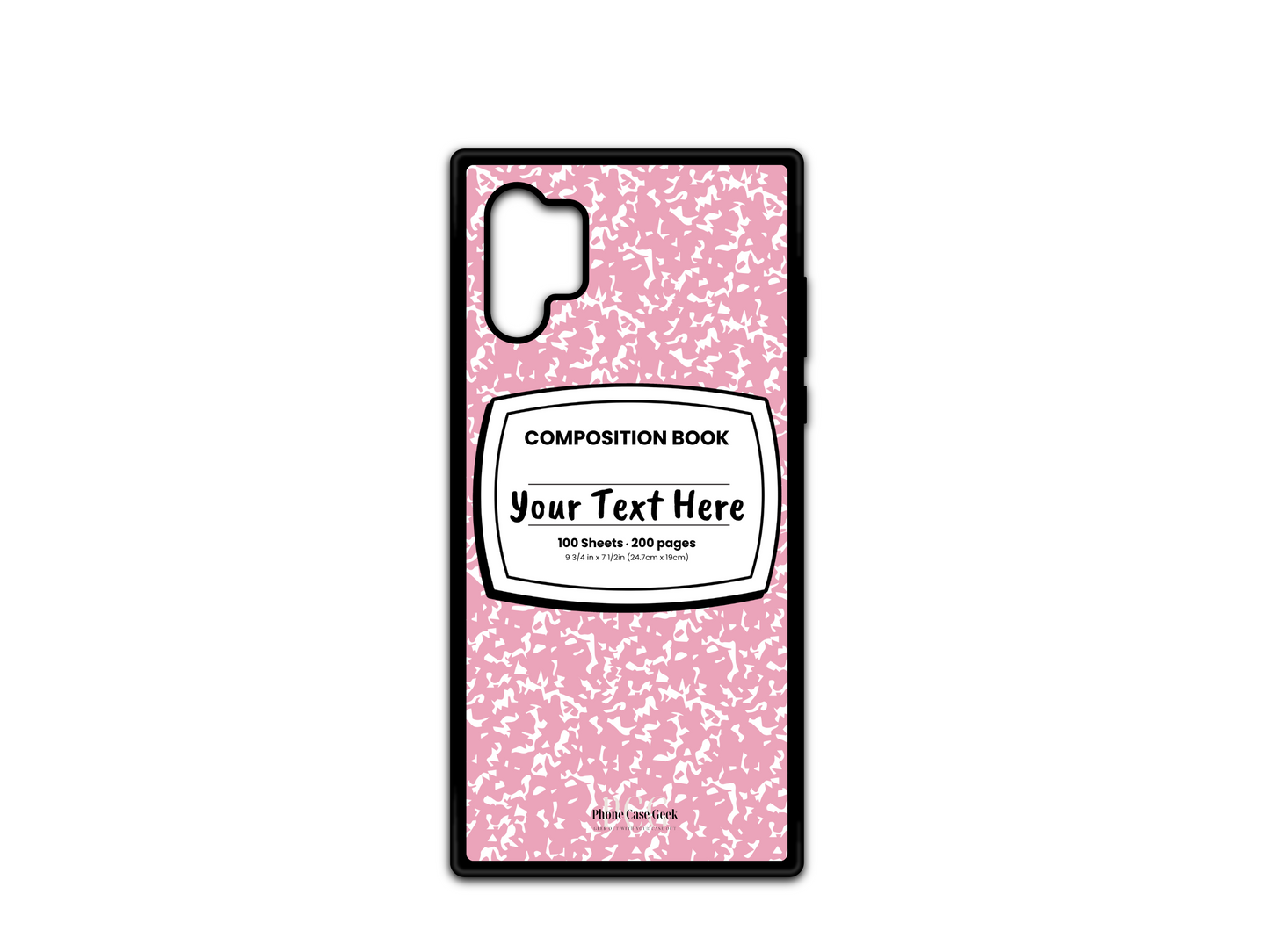 Phone case for Samsung Galaxy Note 10, featuring a pink and white composition notebook design with a custom text placeholder in the middle.