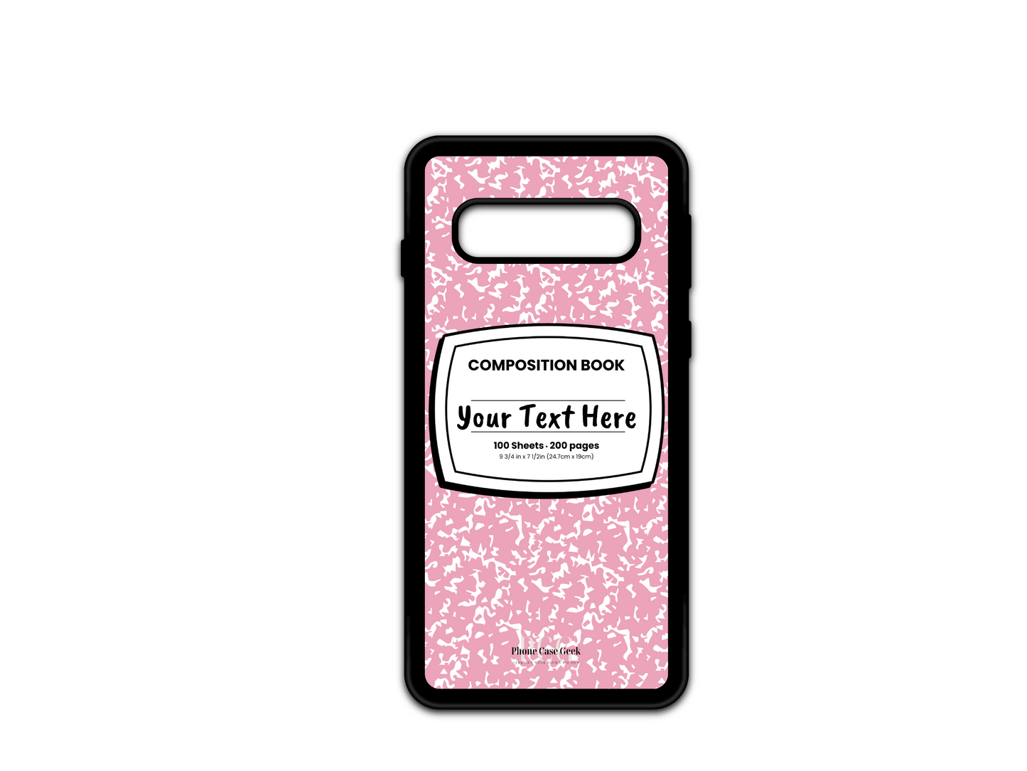 Phone case for Samsung Galaxy S10, S10 5G and S10e, featuring a pink and white composition notebook design with a custom text placeholder in the middle.