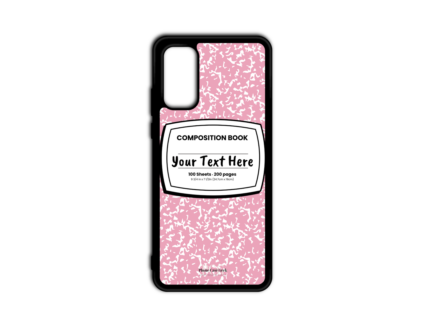 Phone case for Samsung Galaxy S20 and S20 Plus, S20 Ultra, and S20 FE, featuring a pink and white composition notebook design with a custom text placeholder in the middle.