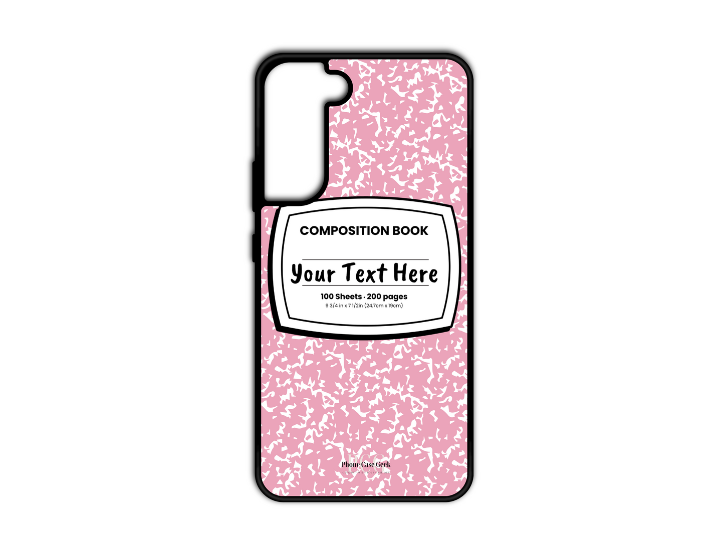 Phone case for Samsung Galaxy S21 and S21 Plus, featuring a pink and white composition notebook design with a custom text placeholder in the middle.