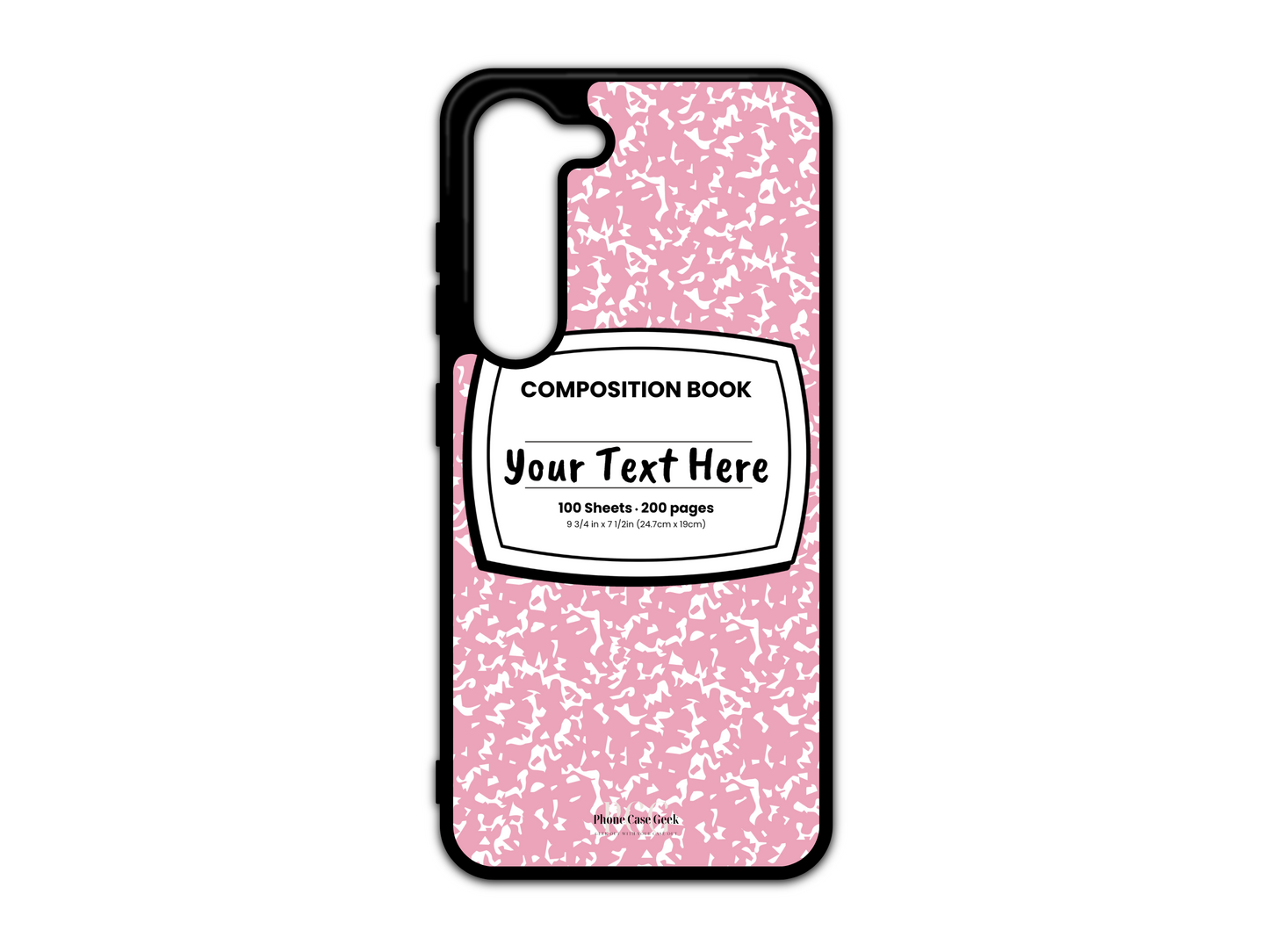 Phone case for Samsung Galaxy S23 and S23 Plus, featuring a pink and white composition notebook design with a custom text placeholder in the middle.