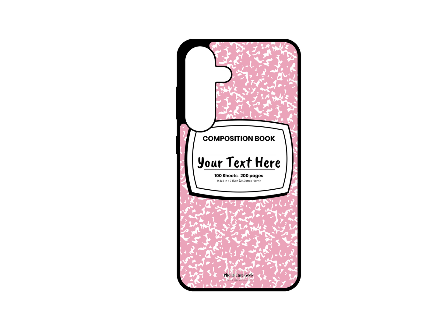 Phone case for Samsung Galaxy S24 and S24 Plus, featuring a pink and white composition notebook design with a custom text placeholder in the middle.