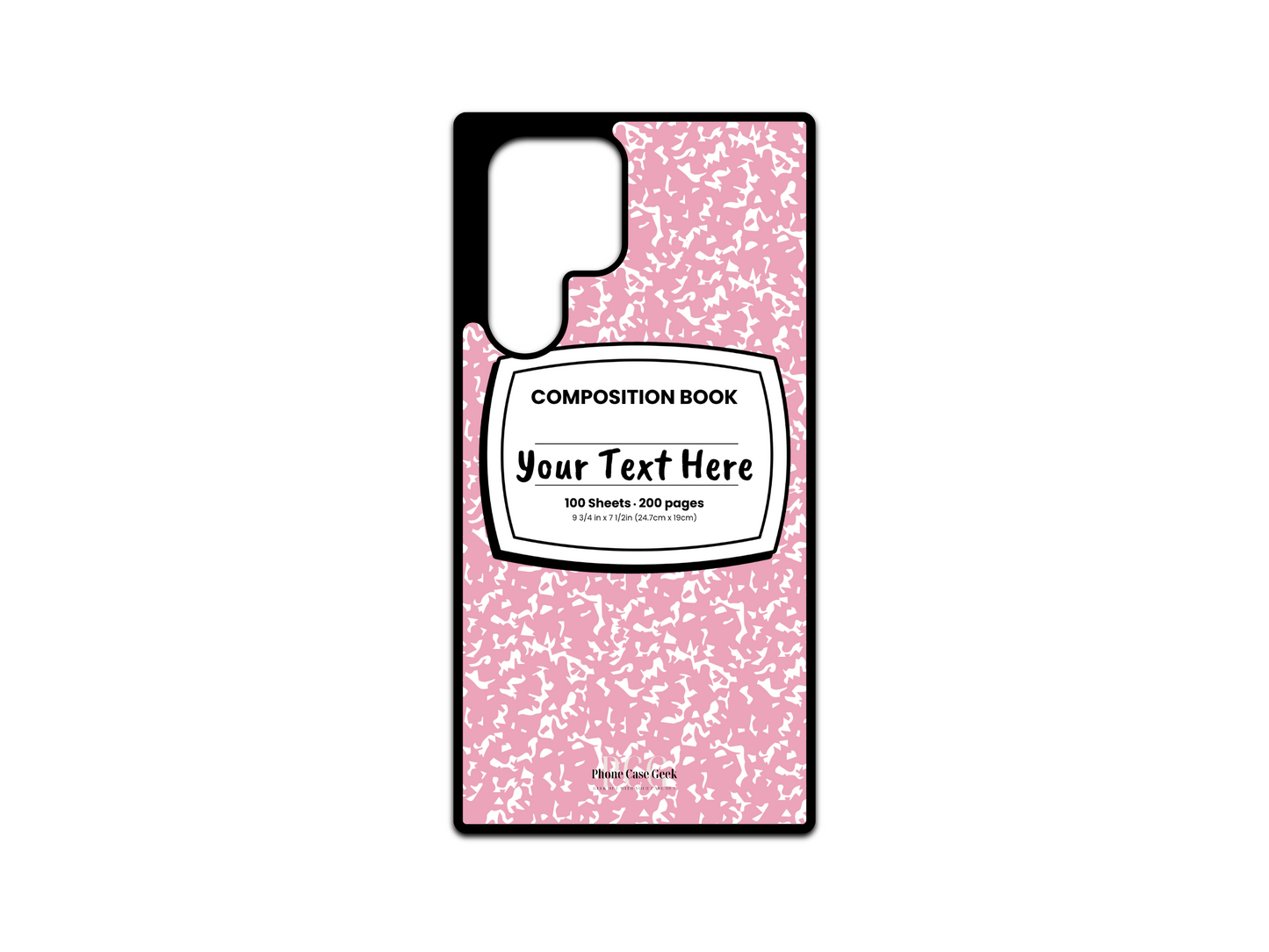 Phone case for Samsung Galaxy S24 Ultra, S23 Ultra, and S22 Ultra, featuring a pink and white composition notebook design with a custom text placeholder in the middle.