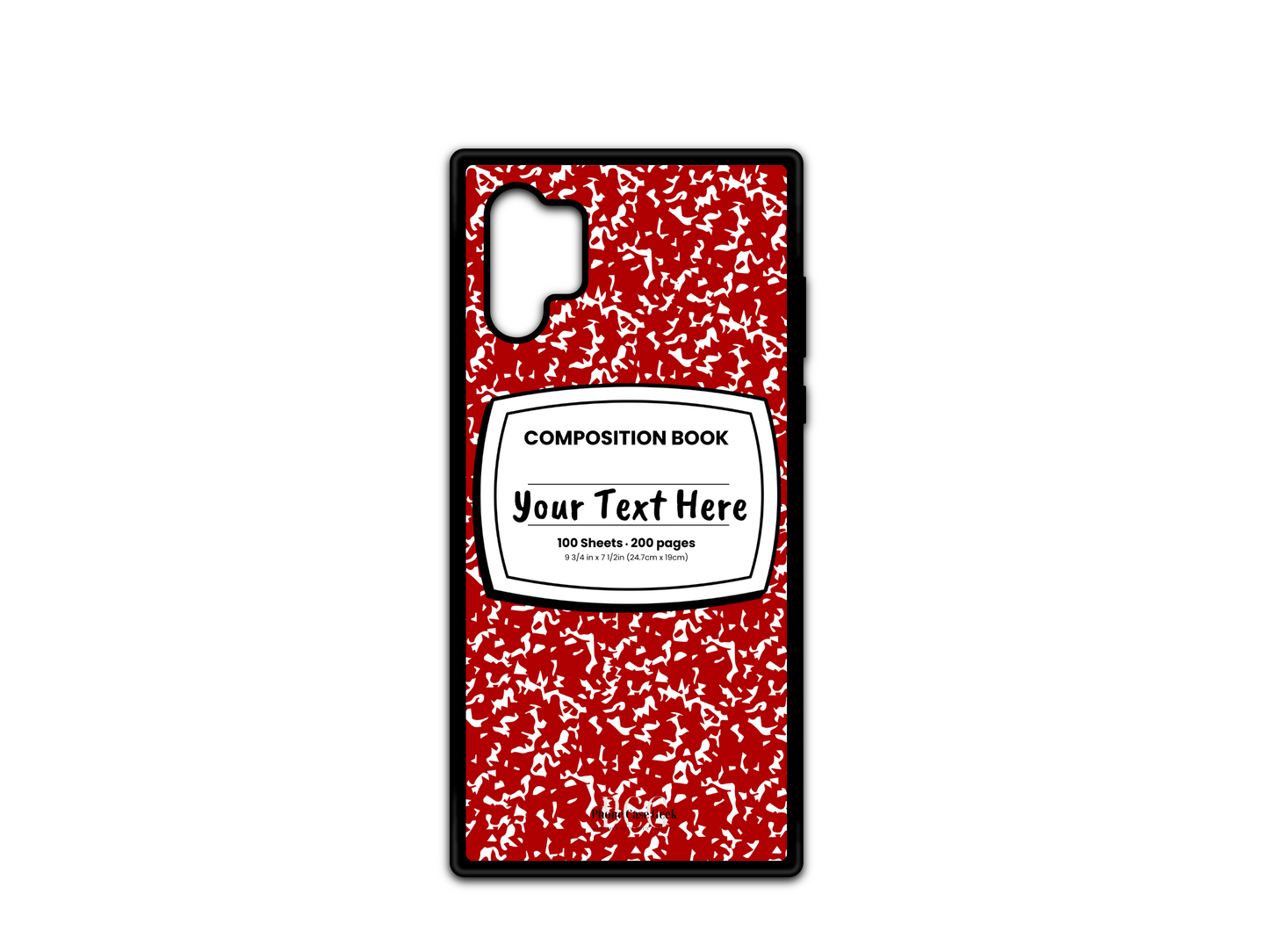 Phone case for Samsung Galaxy Note 10, featuring a red and white composition notebook design with a custom text placeholder in the middle.