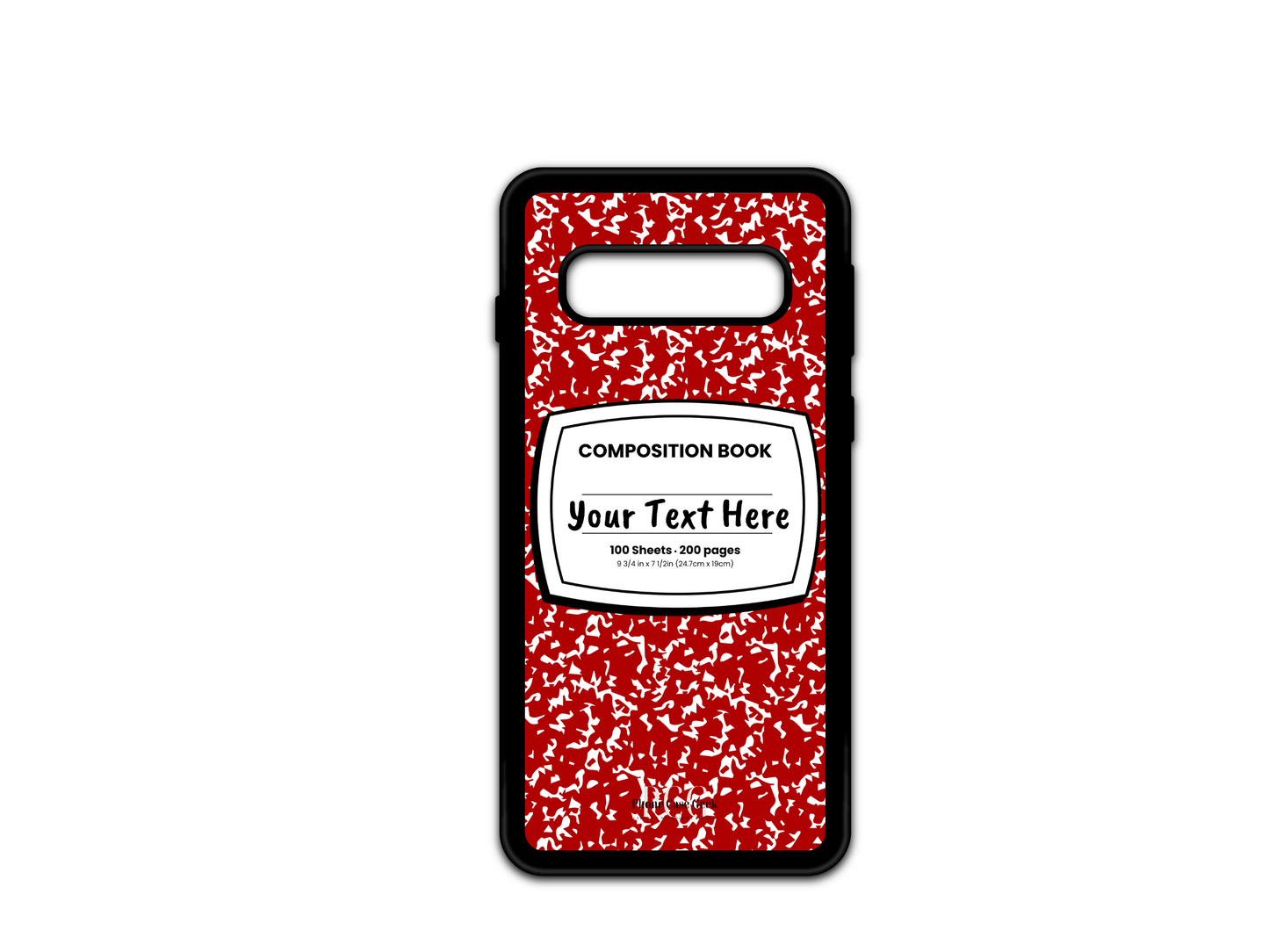 Phone case for Samsung Galaxy S10, S10 5G and S10e, featuring a red and white composition notebook design with a custom text placeholder in the middle.