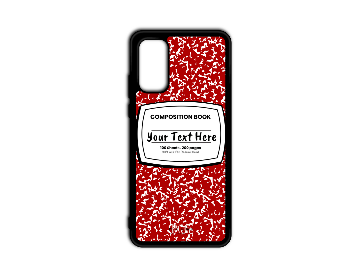 Phone case for Samsung Galaxy S20 and S20 Plus, S20 Ultra, and S20 FE, featuring a red and white composition notebook design with a custom text placeholder in the middle.