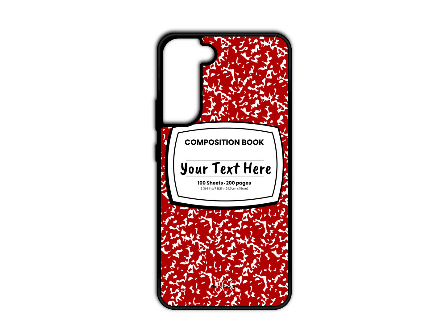 Phone case for Samsung Galaxy S21 and S21 Plus, featuring a red and white composition notebook design with a custom text placeholder in the middle.
