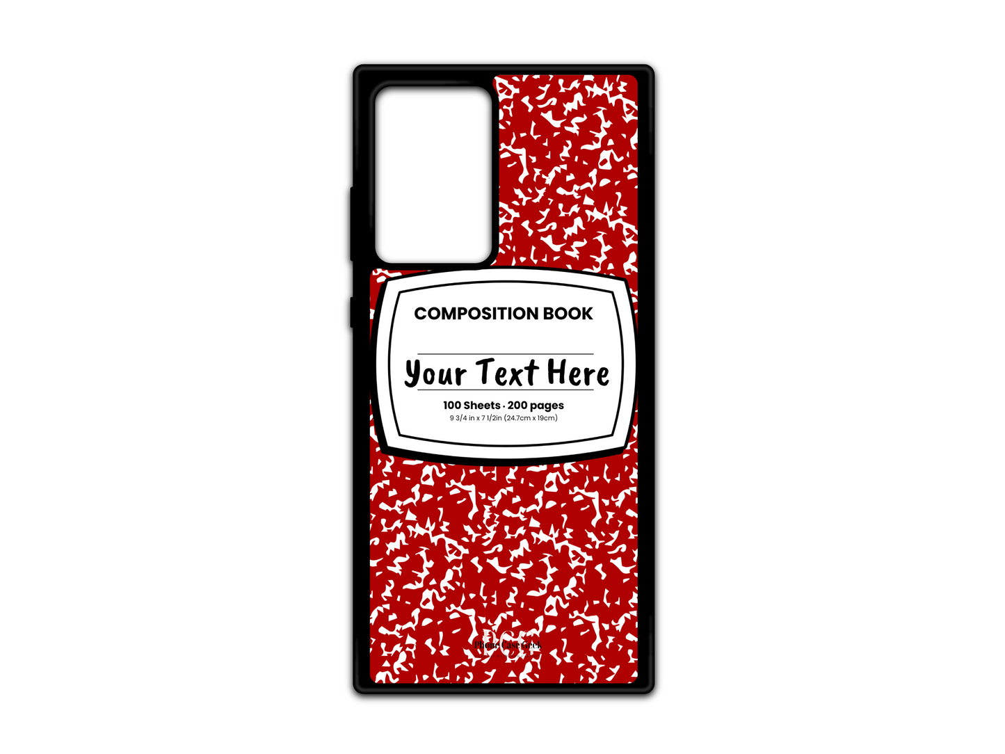 Phone case for Samsung Galaxy S21 Ultra, Note 20, and Note 20 Ultra, featuring a red and white composition notebook design with a custom text placeholder in the middle.