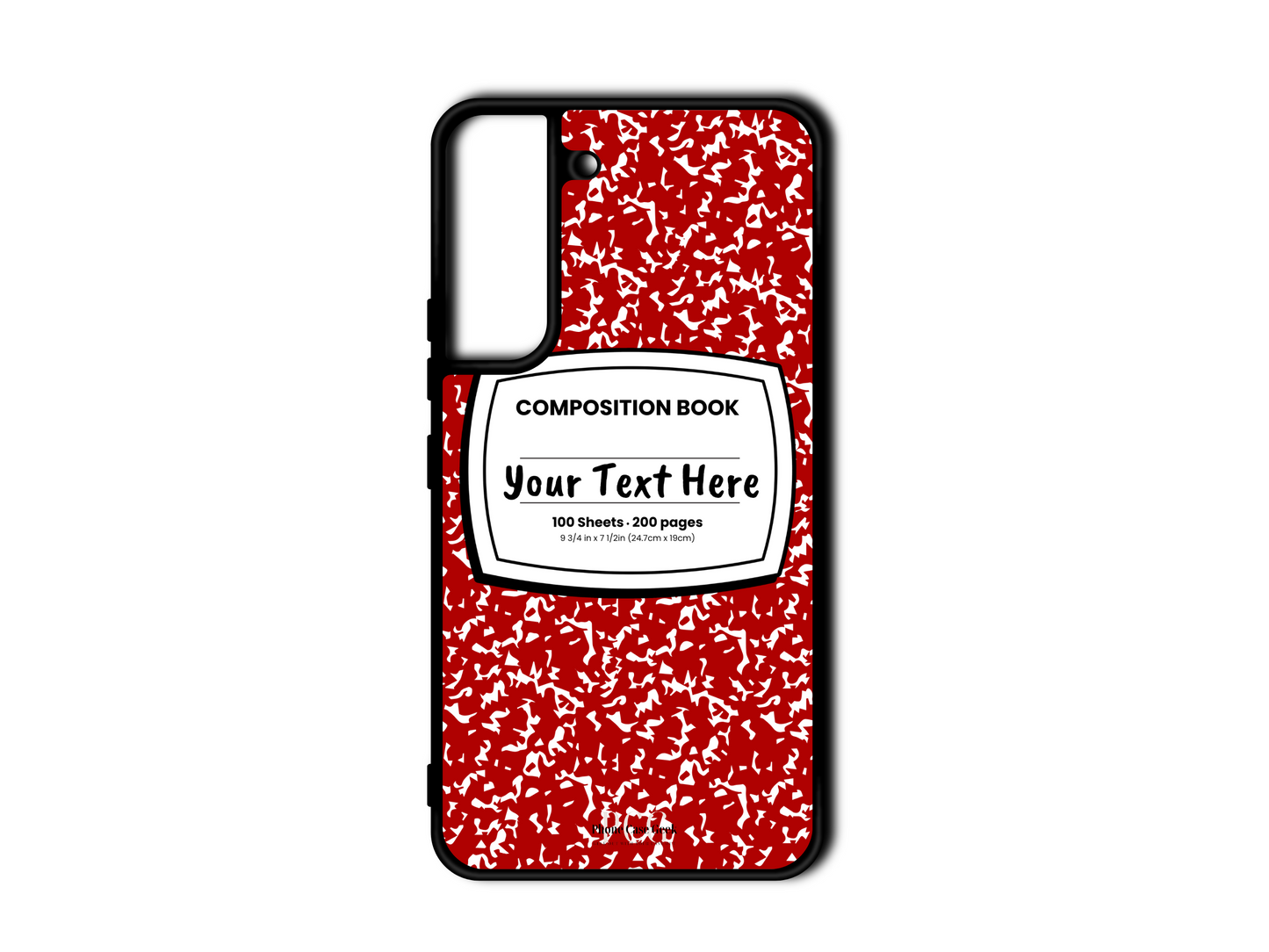 Phone case for Samsung Galaxy S22 and S22 Plus, featuring a red and white composition notebook design with a custom text placeholder in the middle.