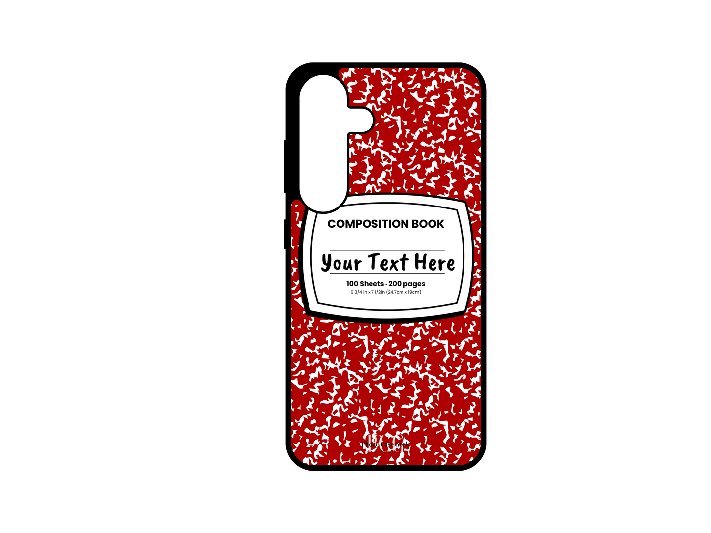 Phone case for Samsung Galaxy S24 and S24 Plus, featuring a red and white composition notebook design with a custom text placeholder in the middle.