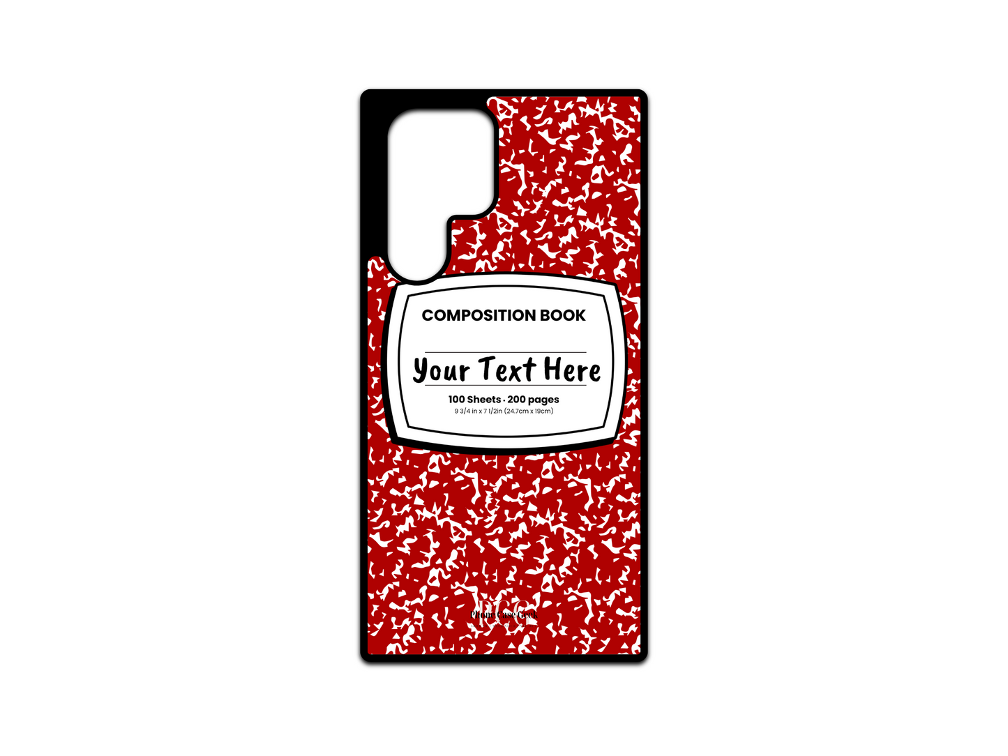 Phone case for Samsung Galaxy S24 Ultra, S23 Ultra, and S22 Ultra, featuring a red and white composition notebook design with a custom text placeholder in the middle.