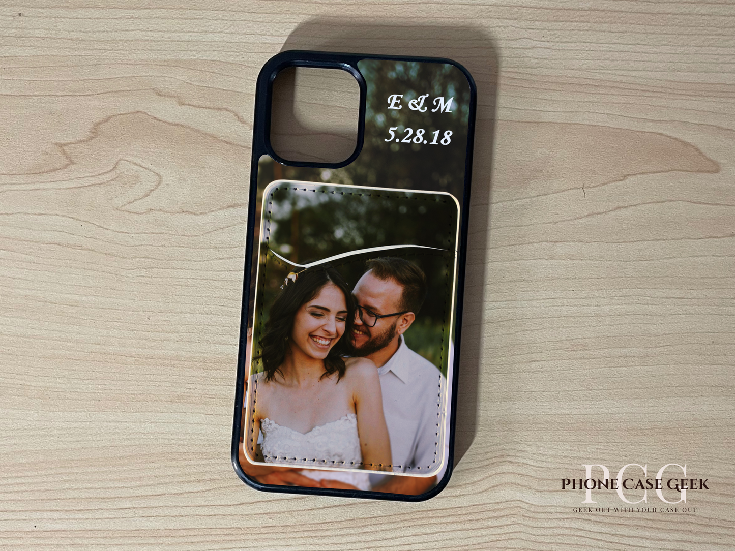 Custom phone case with a photo of a couple and personalized text with matching phone wallet-card holder attched on a wooden surface