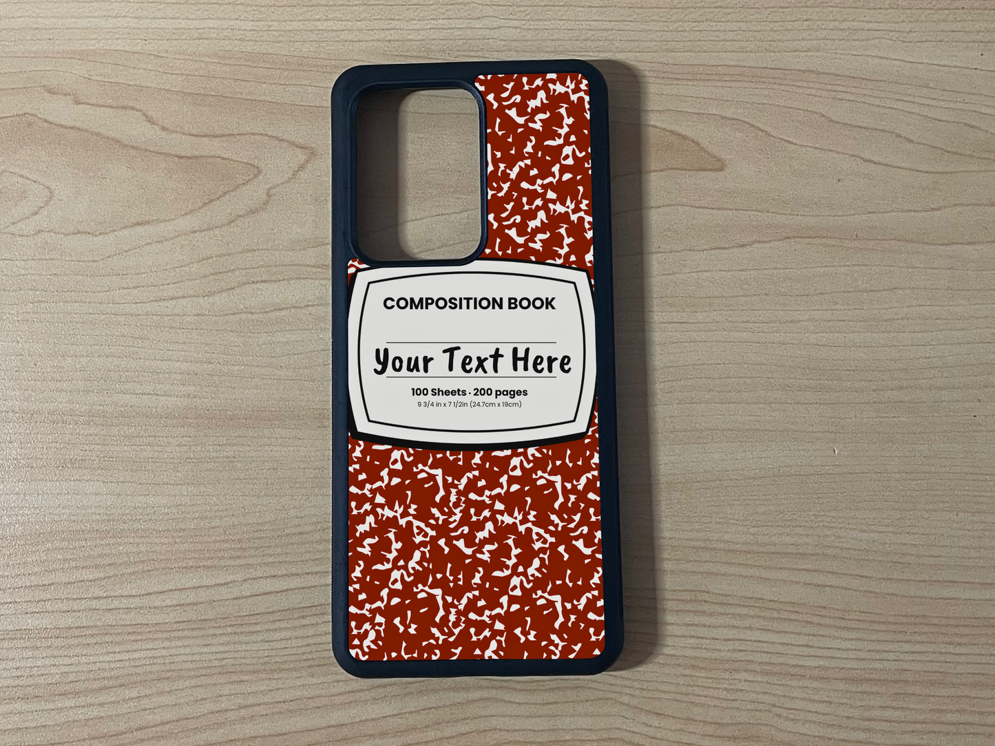 Custom phone case for the Samsung Note 20 and Note 20 Ultra with a red and white composition notebook design with text "Your text here" on a wooden surface.
