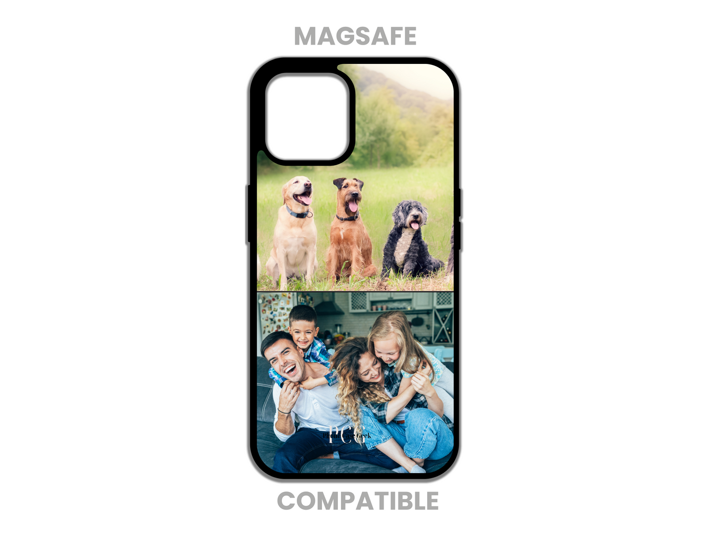 Example of a MagSafe-compatible 2 Photo Collage Custom Phone Case for iPhone featuring two photos of a family and their dogs, showcasing personalized design options.