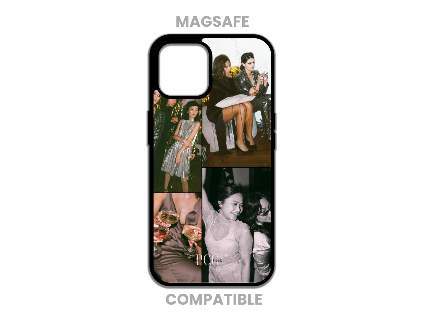 Example of a MagSafe-compatible 4 Photo Collage Custom Phone Case for iPhone featuring friends at a party, highlighting personalized design options.