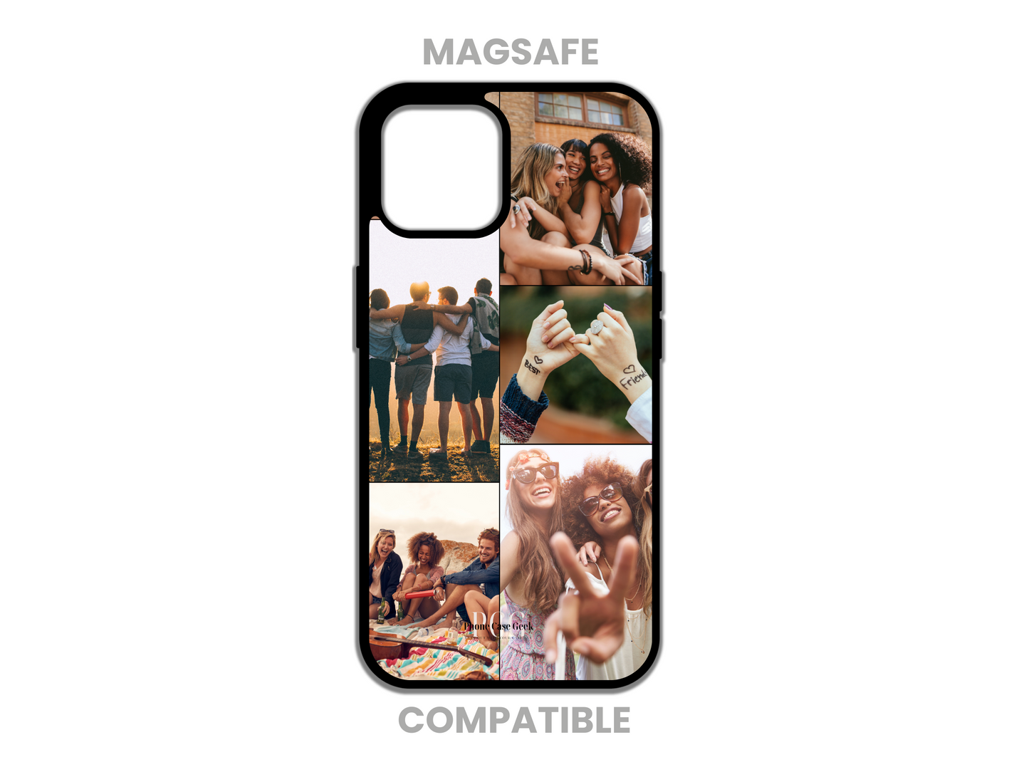 Example of a MagSafe-compatible 5 Photo Collage Custom Phone Case for iPhone featuring friends enjoying laughter and time together, capturing joyful memories.