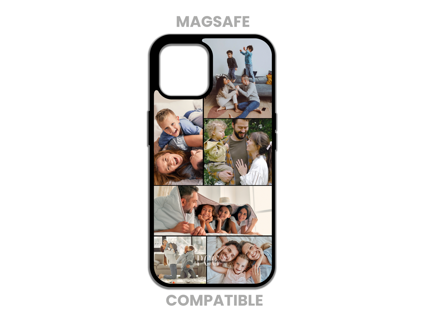 Example of a MagSafe-compatible 6 photo collage custom phone case for iPhone, showcasing cherished family moments and personalized design options.