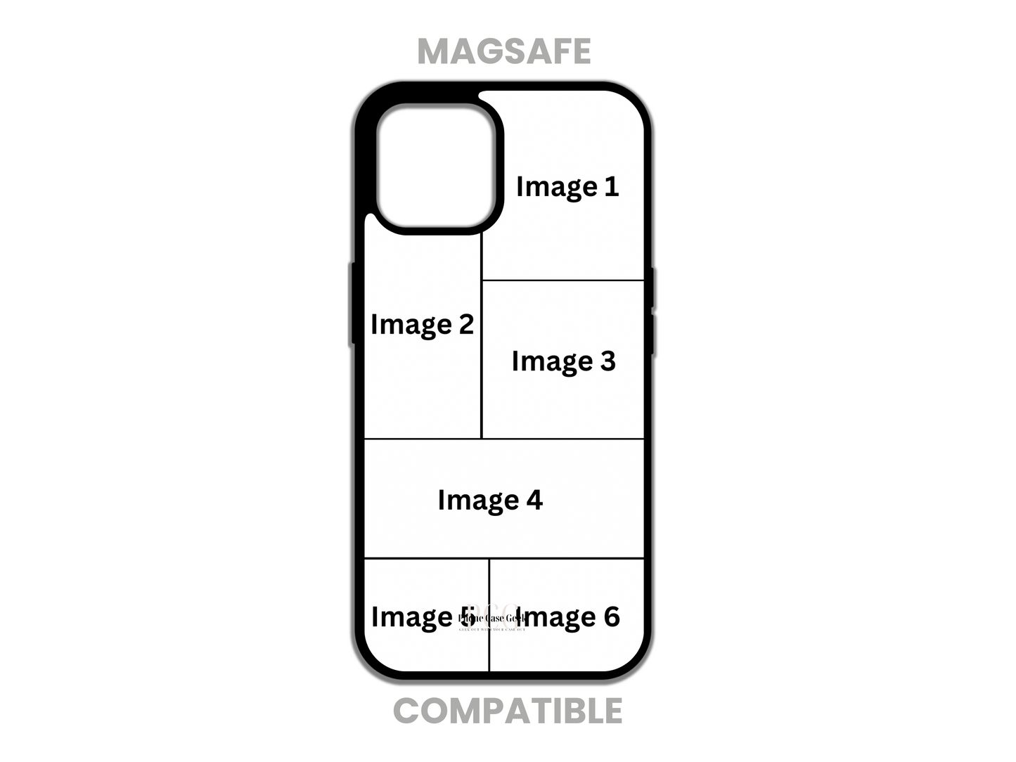 Template layout for a MagSafe-compatible 6 photo collage custom phone case for iPhone, demonstrating design and photo placement options for customization.