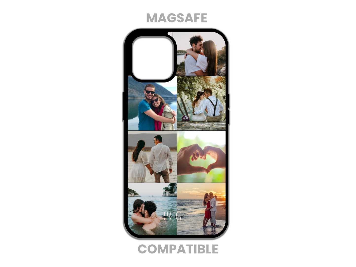 Example of a MagSafe-compatible 7-photo collage custom phone case for iPhone featuring a couple's cherished moments.