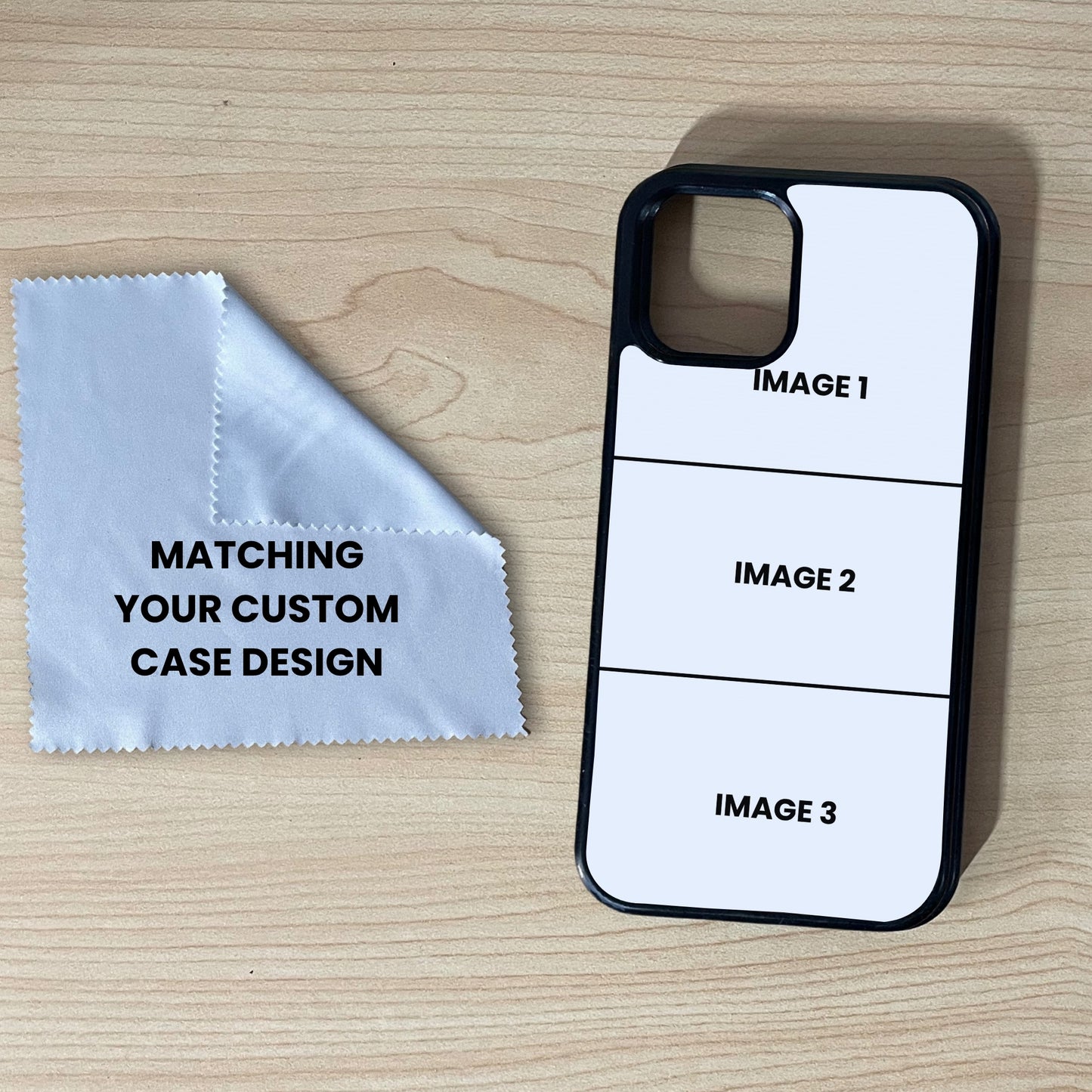 iPhone custom case showing 3 image collage placement and a matching microfiber screen cleaning cloth on a wooden surface.