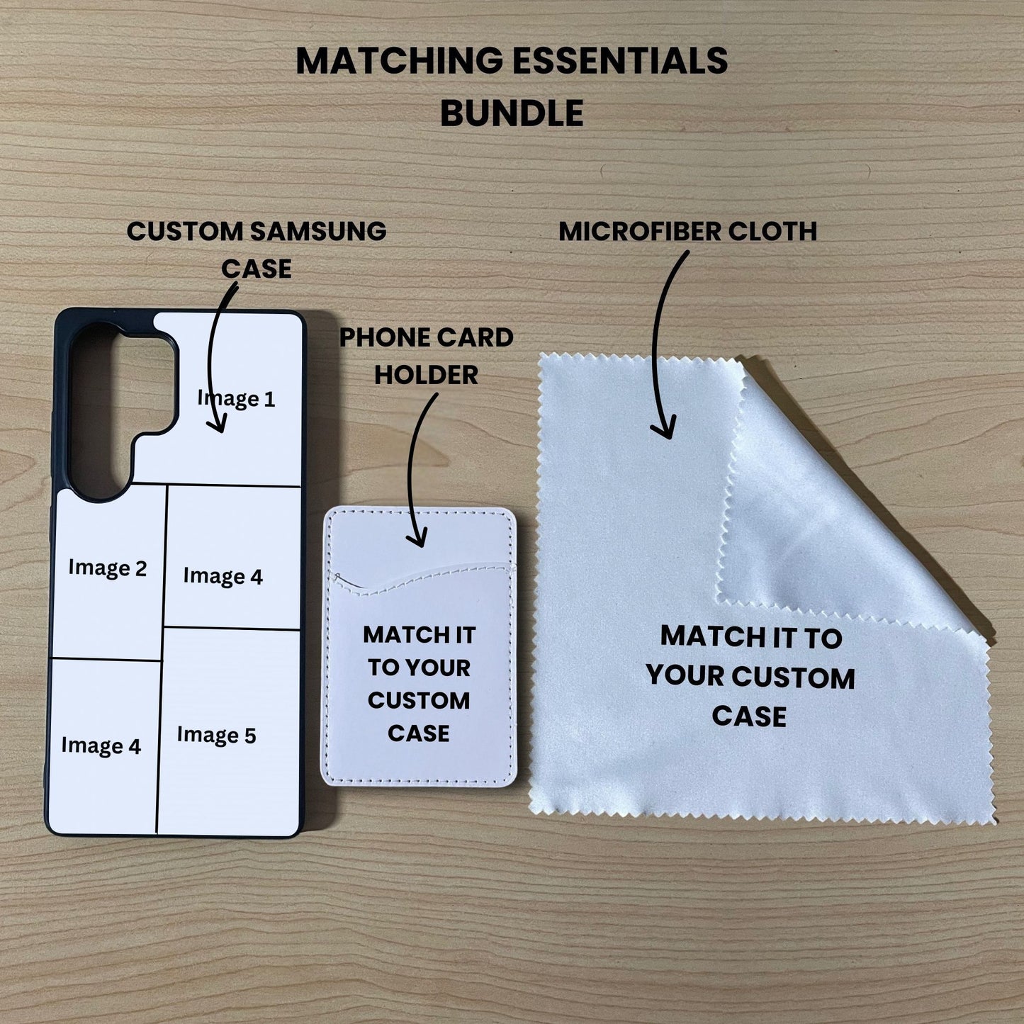 Custom 5 photo collage Samsung phone case, card holder, and microfiber cloth showing bundle set and image placement on a wooden surface