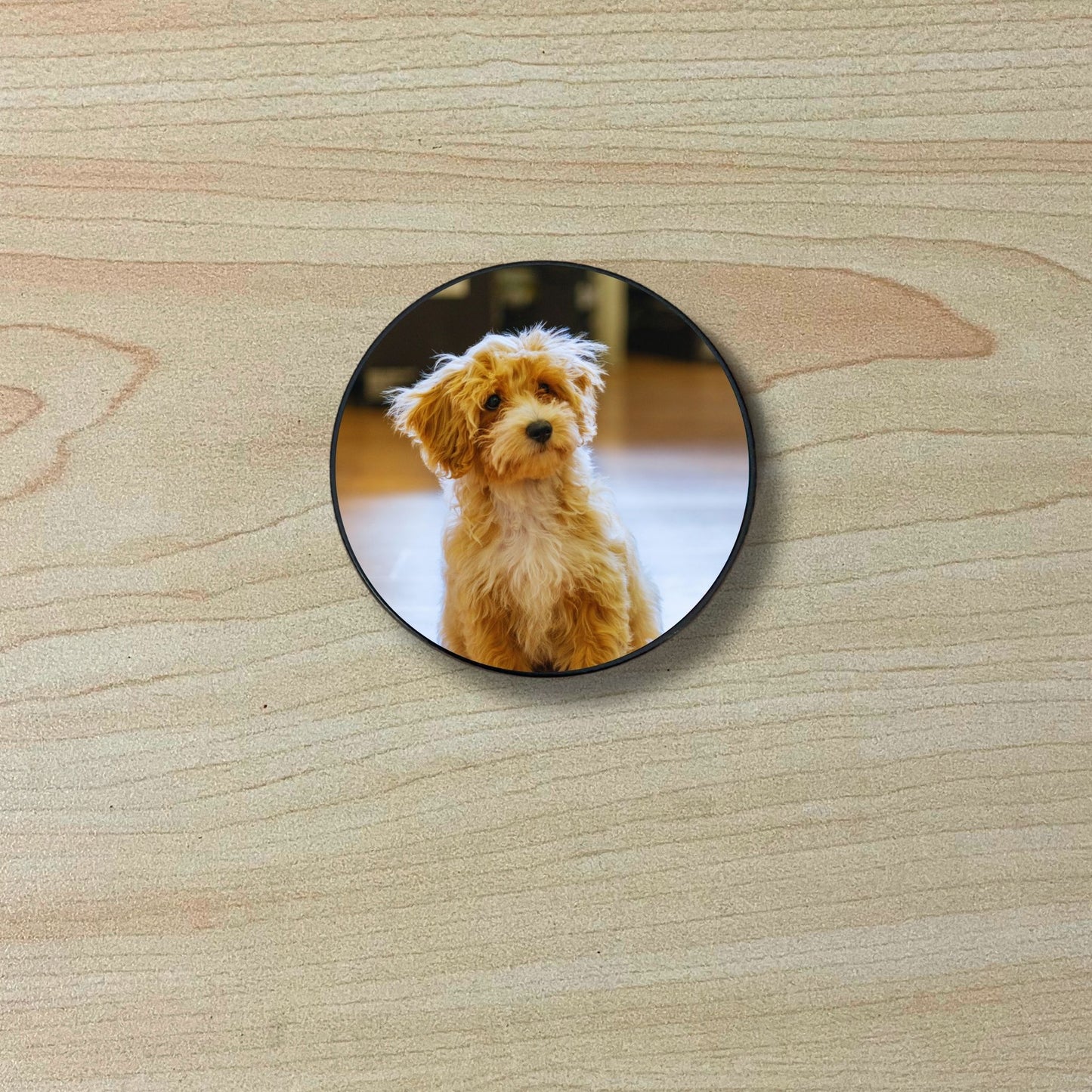 Custom adhesive phone grip with photo of a dog on a wooden surface.