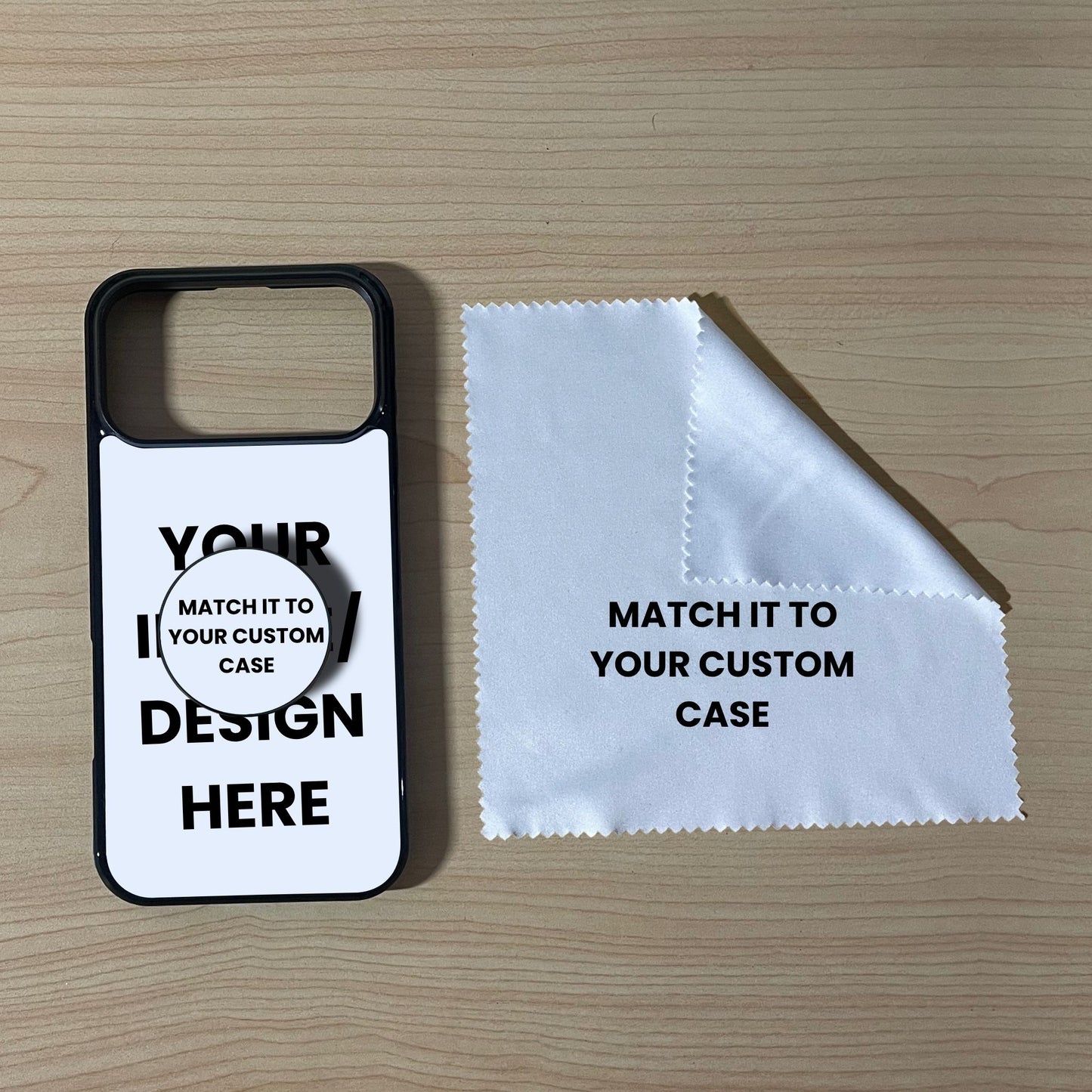 Custom iPhone 17 Pro and 17 Pro Max case with phone grip and cleaning cloth on a wooden surface with text overlay showing image placement.