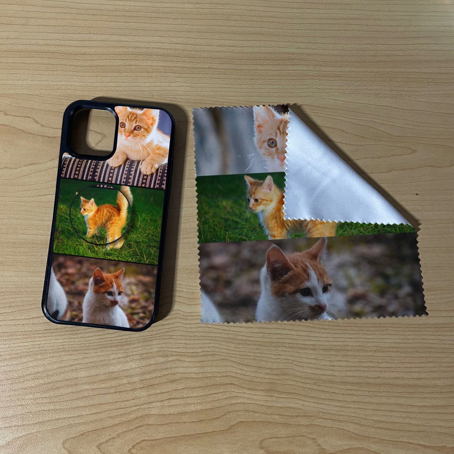 iPhone matching bundle set with a phone case, phone grip and microfiber cloth with 3 photo collage cat theme on a wooden surface