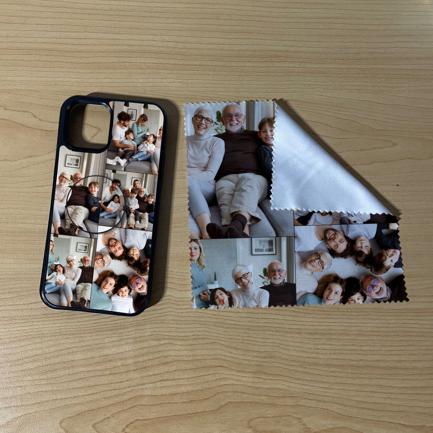 iPhone matching bundle set with a phone case, phone grip and microfiber cloth with 5 photo collage family theme on a wooden surface
