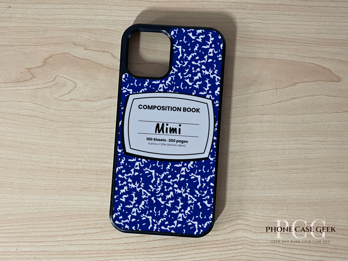 Custom iPhone case with blue and white composition book design with "Mimi" written on a wooden surface